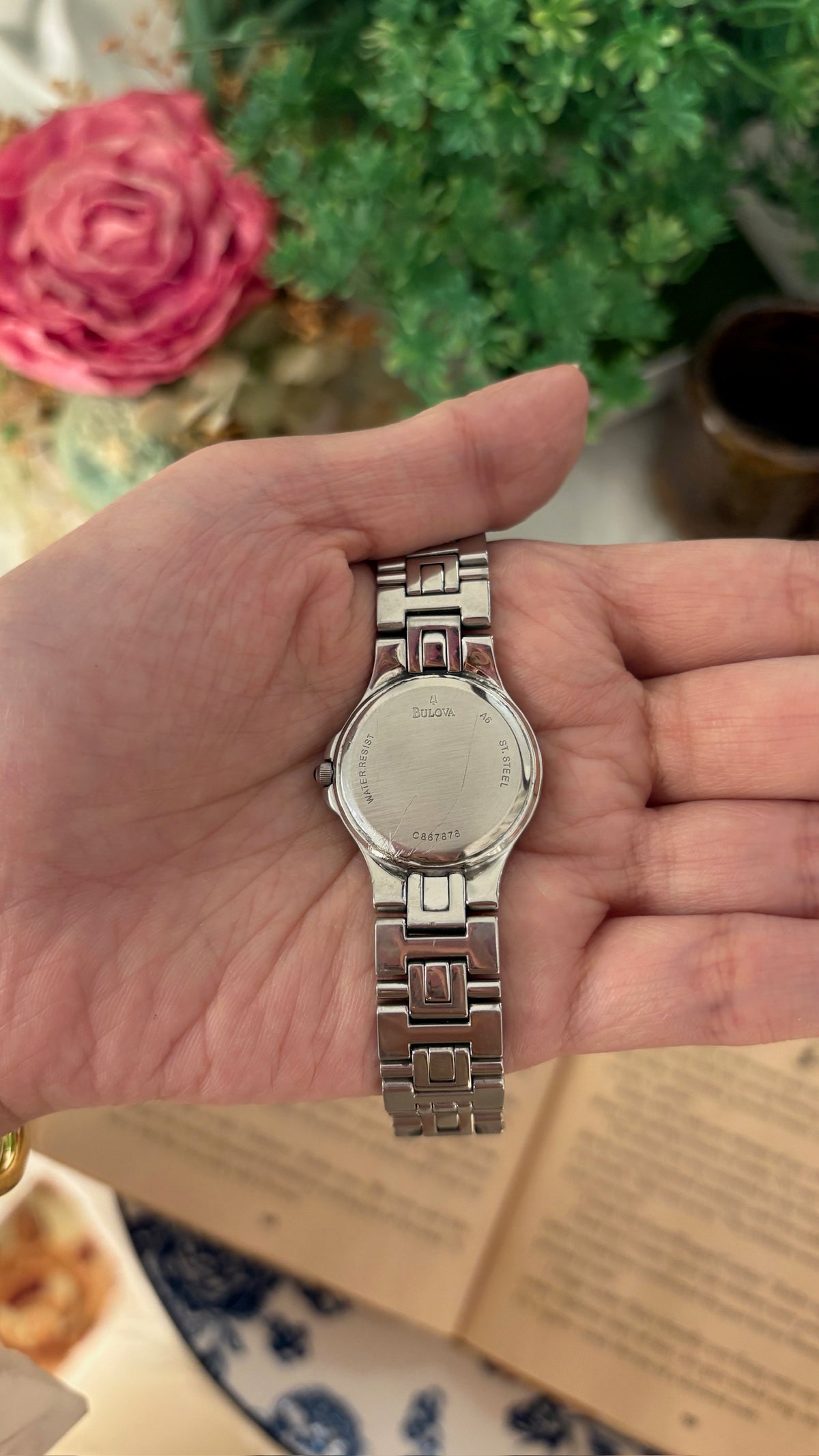 Rare Vintage Bulova Swiss Date Window Rhinestone Accented Watch in Silver Tone Quartz