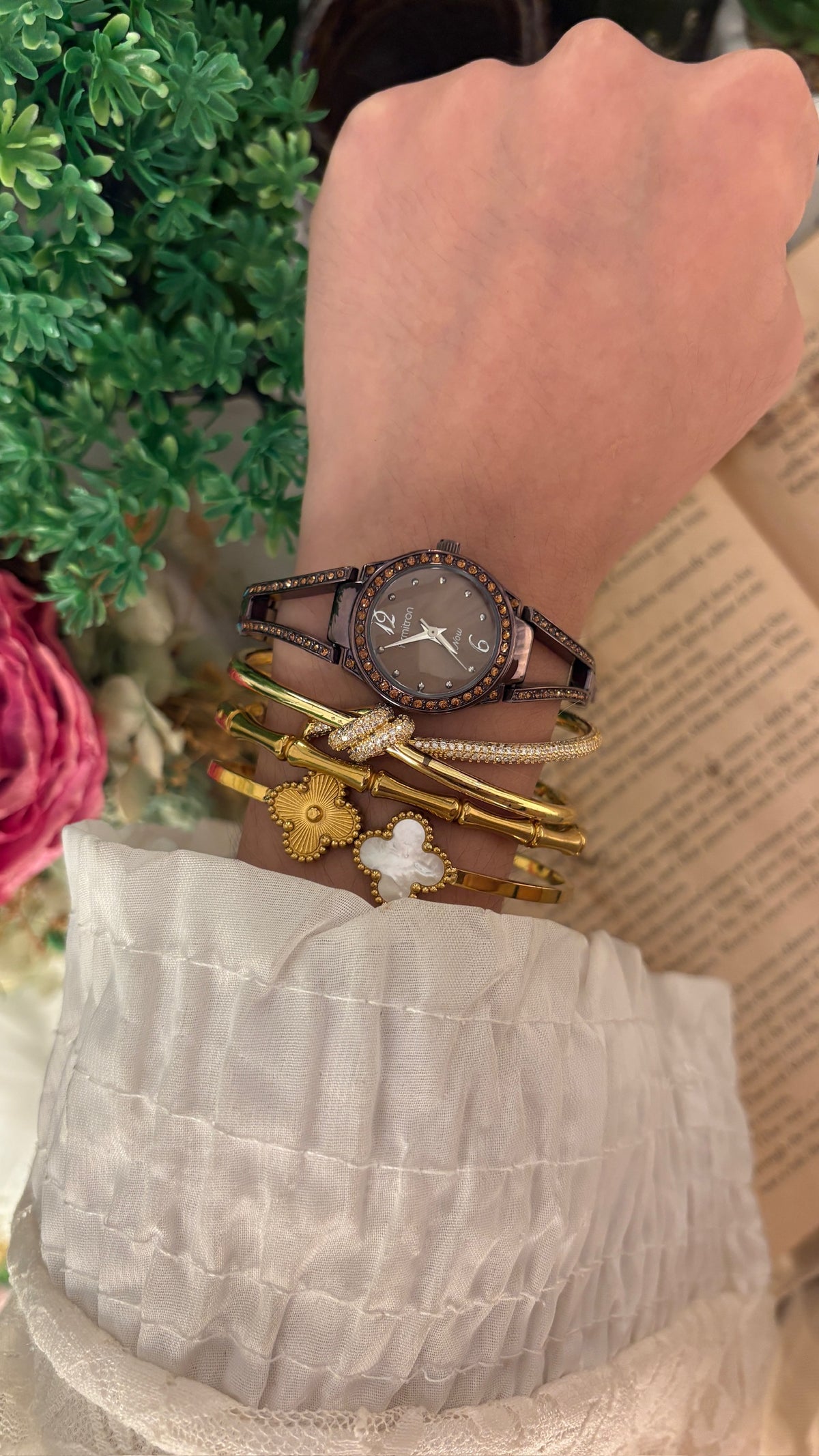 Rare Vintage Armitron Now Rhinestone Bezel Hollow Semi Bangle in Chocolate Brown Plated Silver Tone