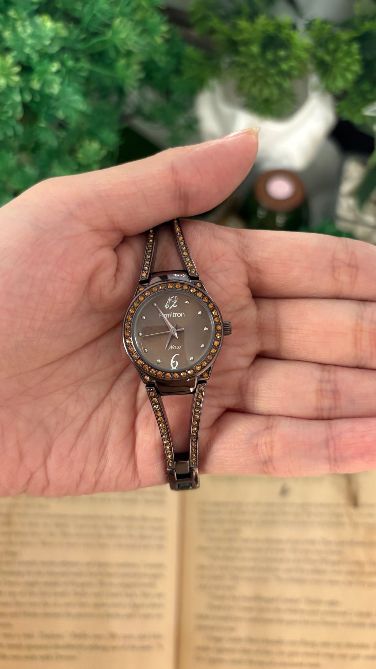 Rare Vintage Armitron Now Rhinestone Bezel Hollow Semi Bangle in Chocolate Brown Plated Silver Tone