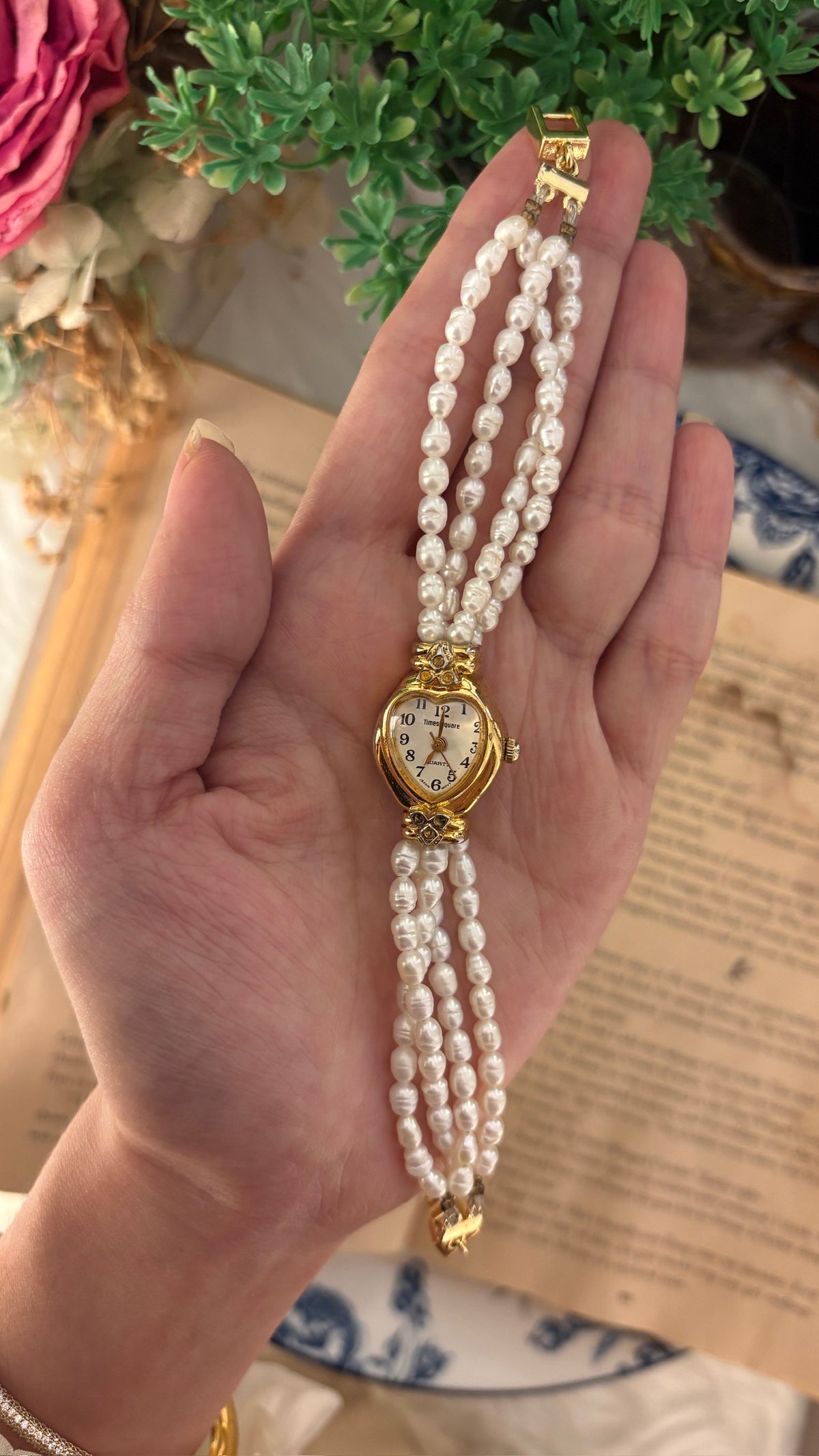 Rare Vintage Times Square Freshwater Pearl Bracelet Watch in Gold Tone Quartz