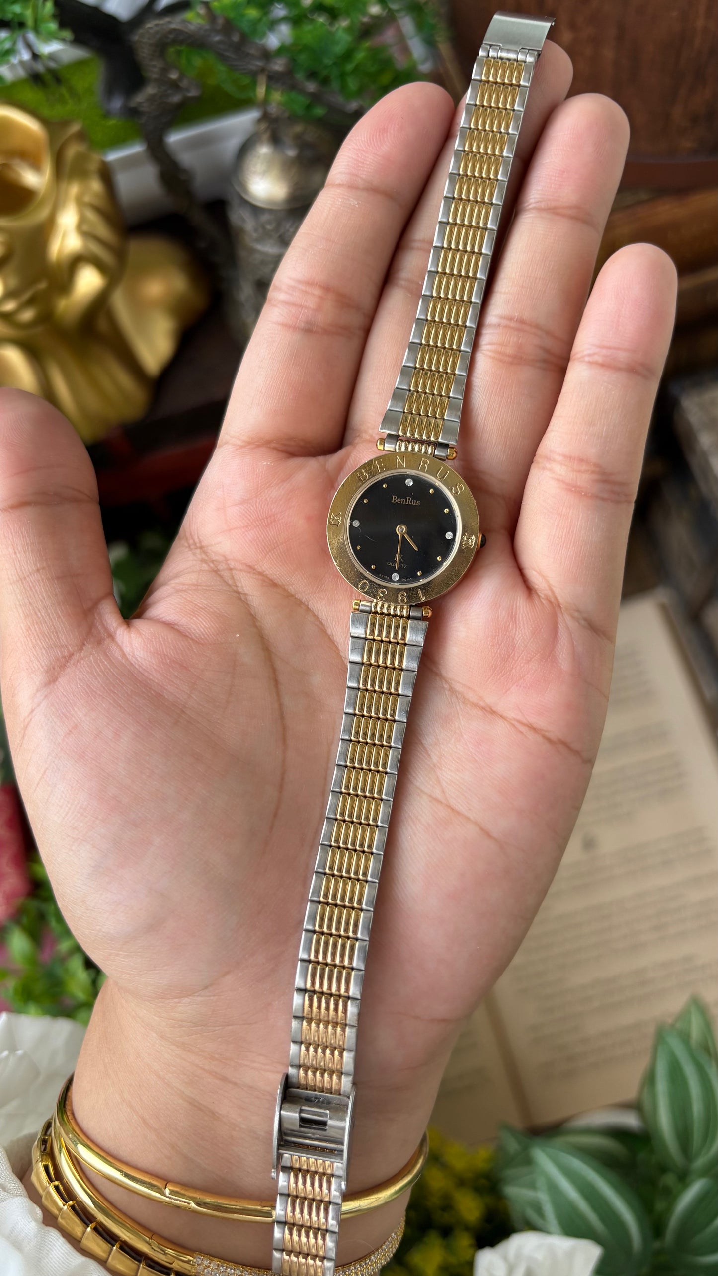 Rare Vintage 1930 Benrus Swiss Watch in Two-Tone Black Minimalist Dial Quartz