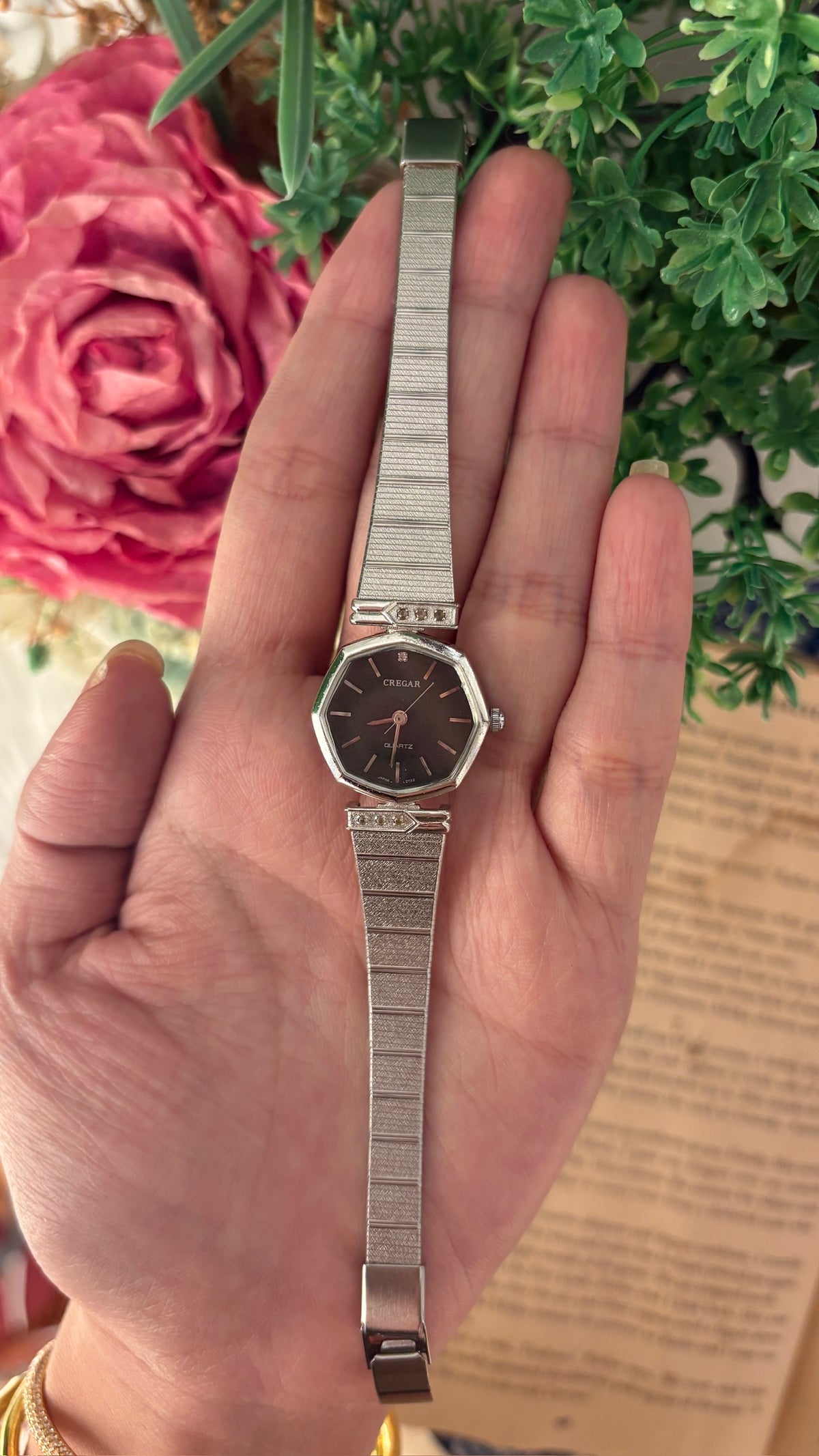 Vintage Cregar Octagon Black Dial Watch in Silver Tone Quartz