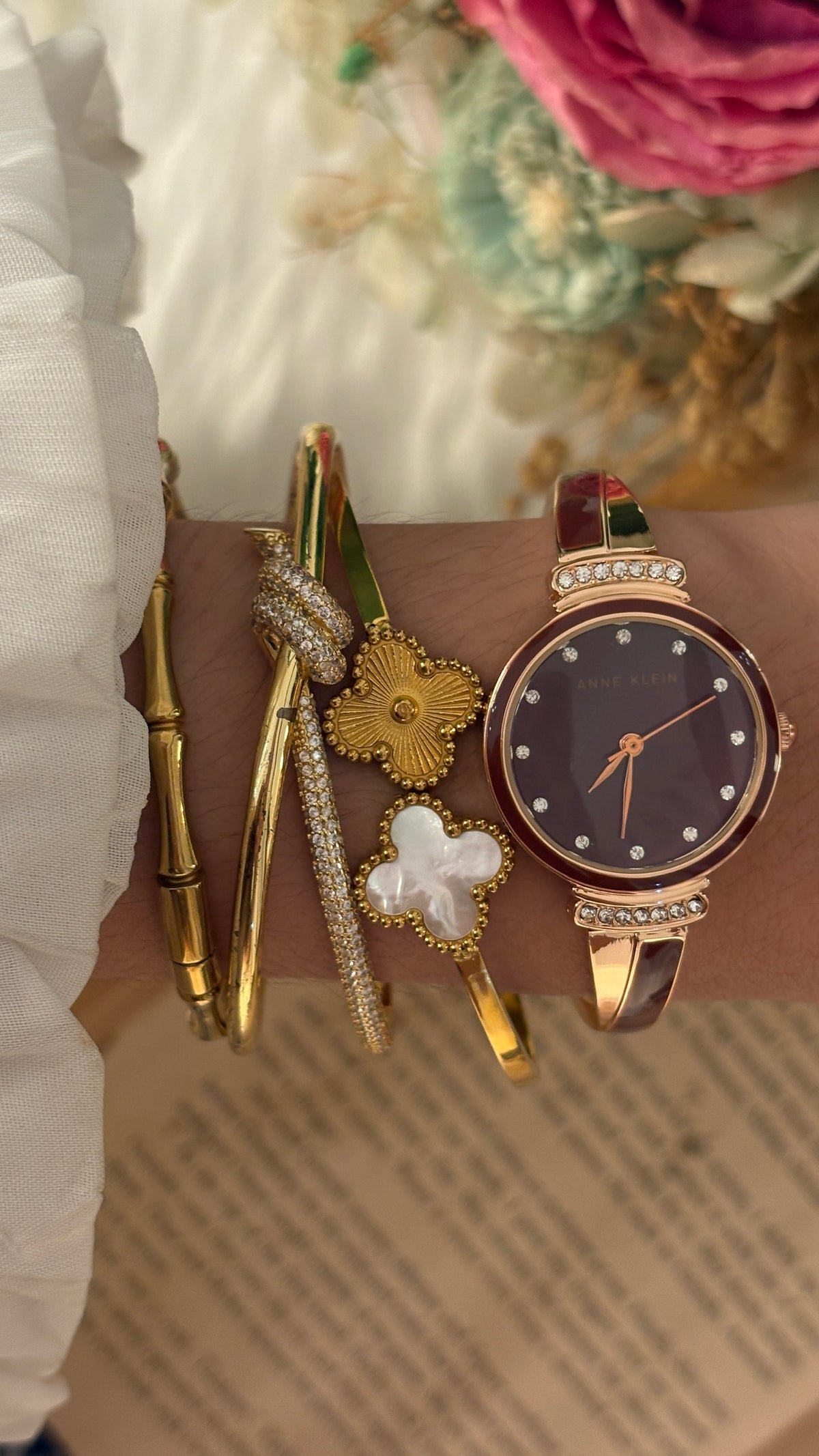 Rare Vintage Anne Klein Burgundy Twisted Semi Bangle Watch in Rose Gold Tone Quartz