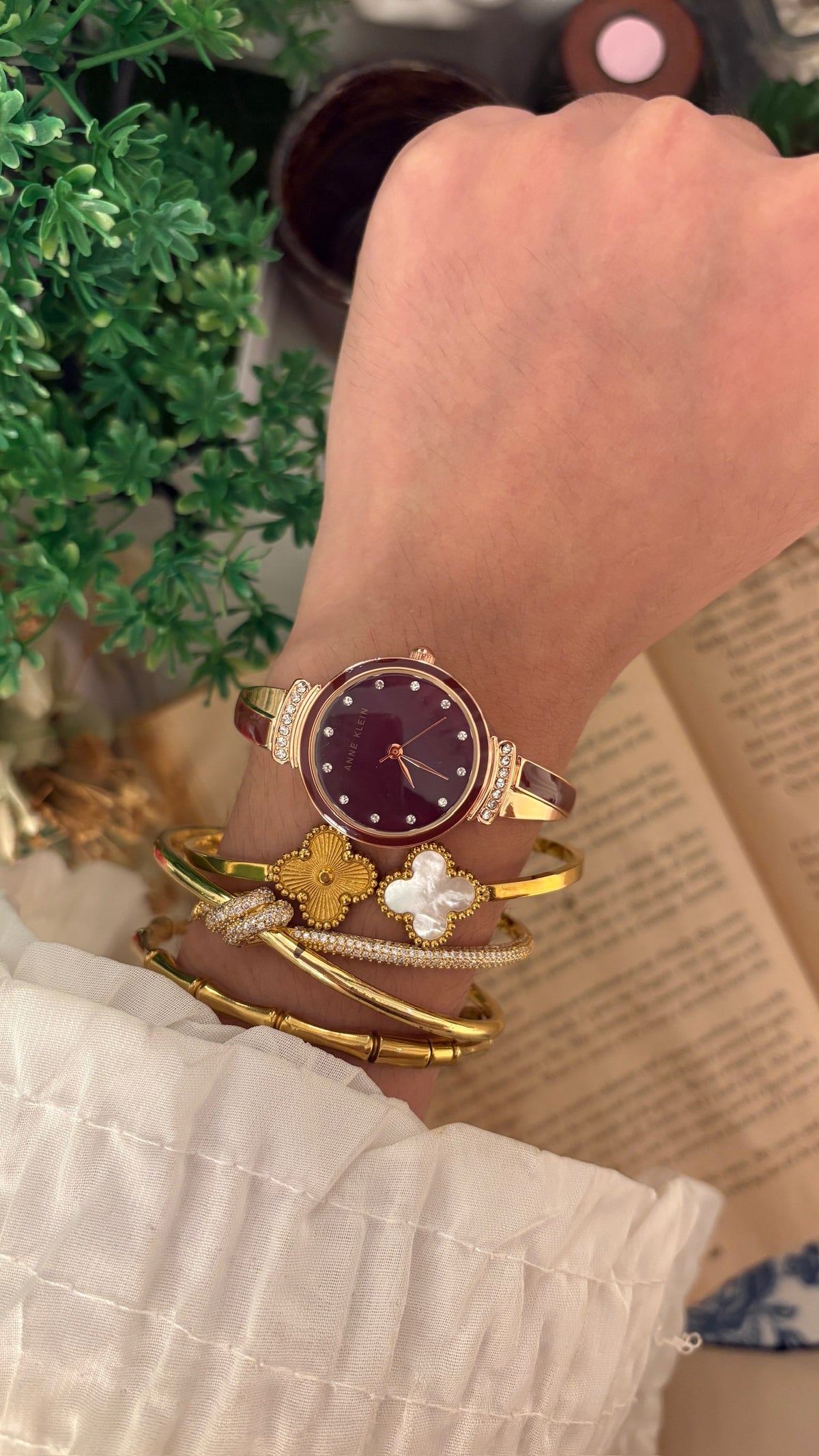 Rare Vintage Anne Klein Burgundy Twisted Semi Bangle Watch in Rose Gold Tone Quartz