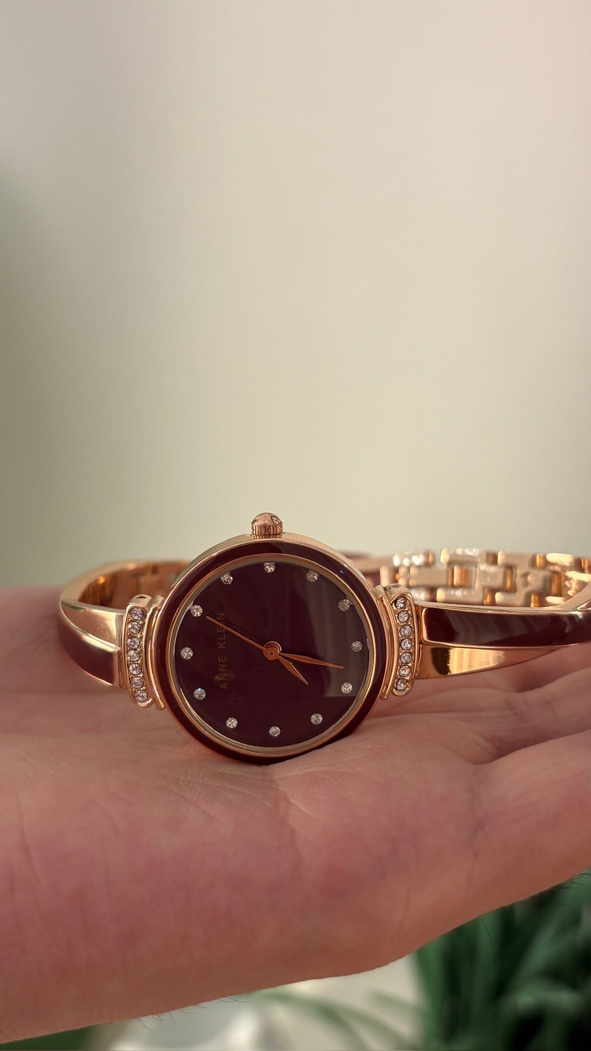 Rare Vintage Anne Klein Burgundy Twisted Semi Bangle Watch in Rose Gold Tone Quartz