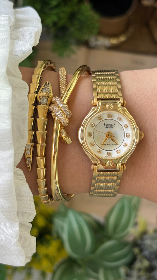Vintage Klaeuse Watch in Gold Tone Pearl and Diamond Dial Quartz Diacut Glass