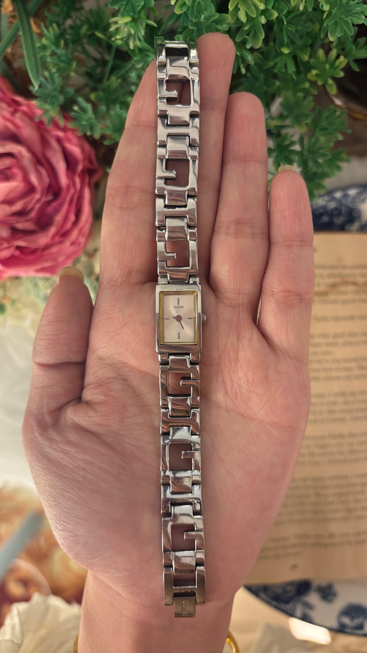 Dainty Vintage Guess Tank Logo Bracelet Watch in Silver Tone Quartz