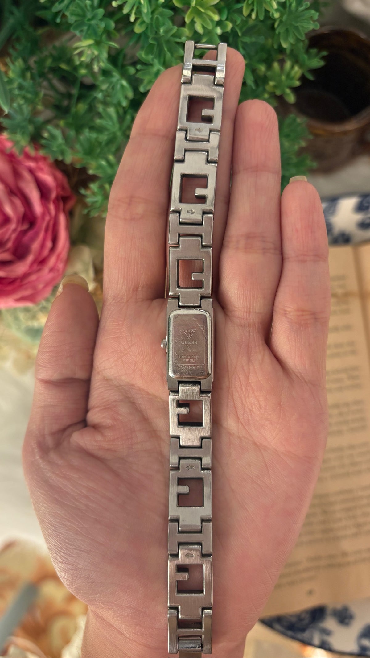 Dainty Vintage Guess Tank Logo Bracelet Watch in Silver Tone Quartz
