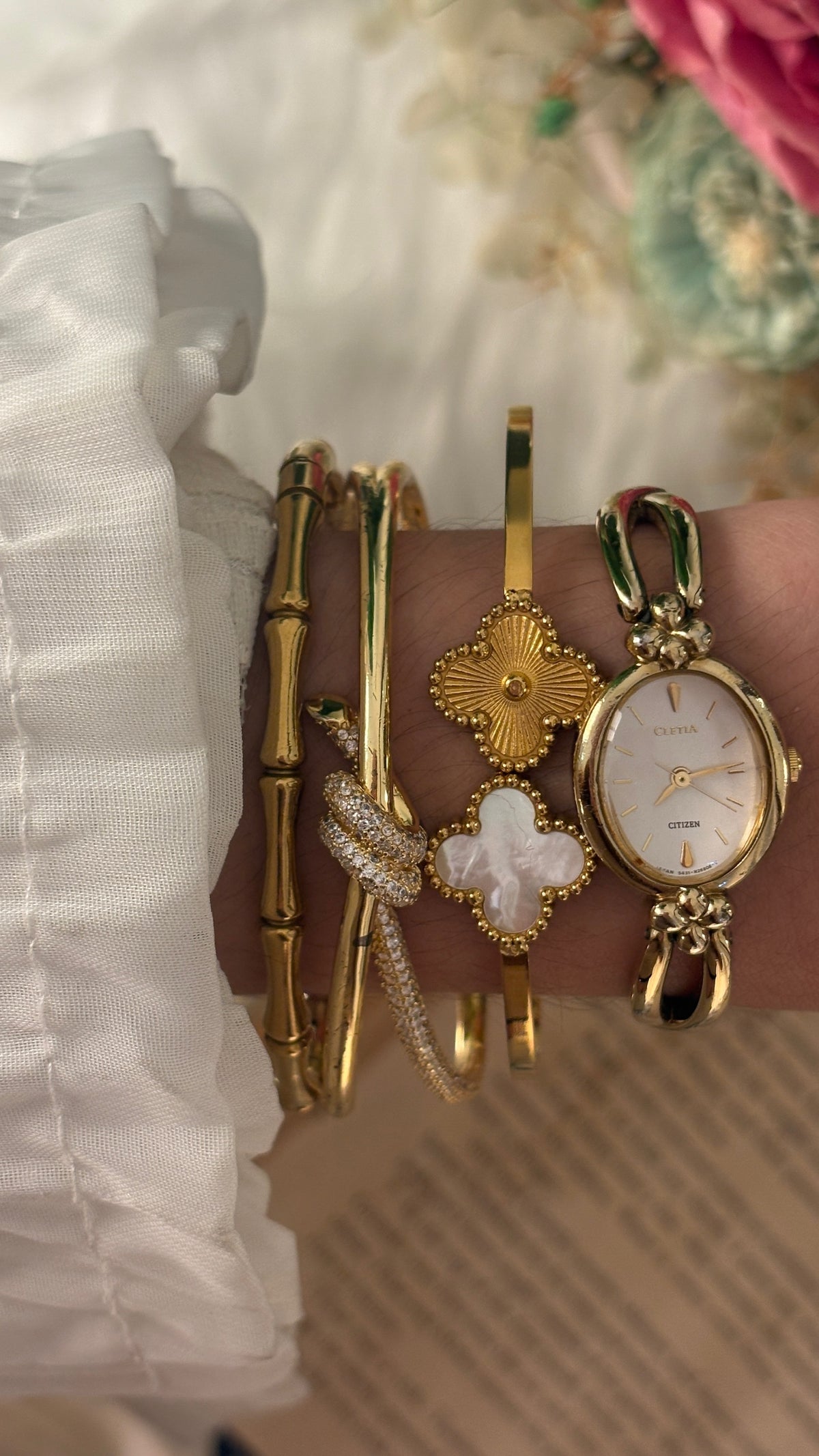 Extremely Rare Dainty Vintage Cletia Citizen Flower Accent Twisted Semi-Bangle Watch in Gold Tone Quartz