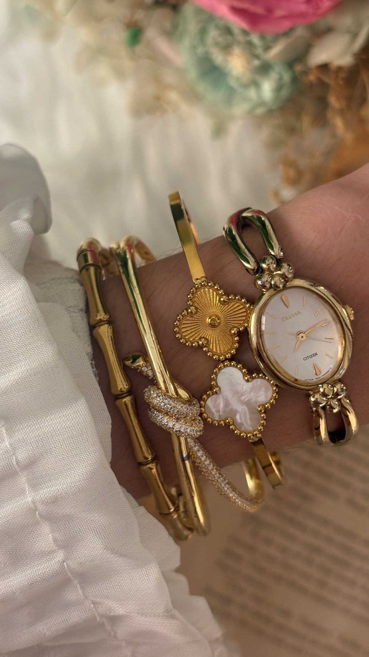Extremely Rare Dainty Vintage Cletia Citizen Flower Accent Twisted Semi-Bangle Watch in Gold Tone Quartz