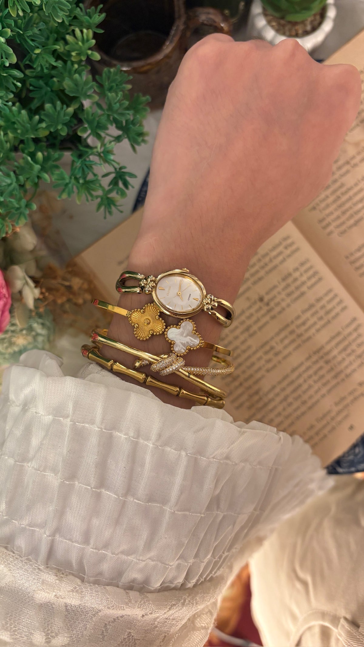 Extremely Rare Dainty Vintage Cletia Citizen Flower Accent Twisted Semi-Bangle Watch in Gold Tone Quartz