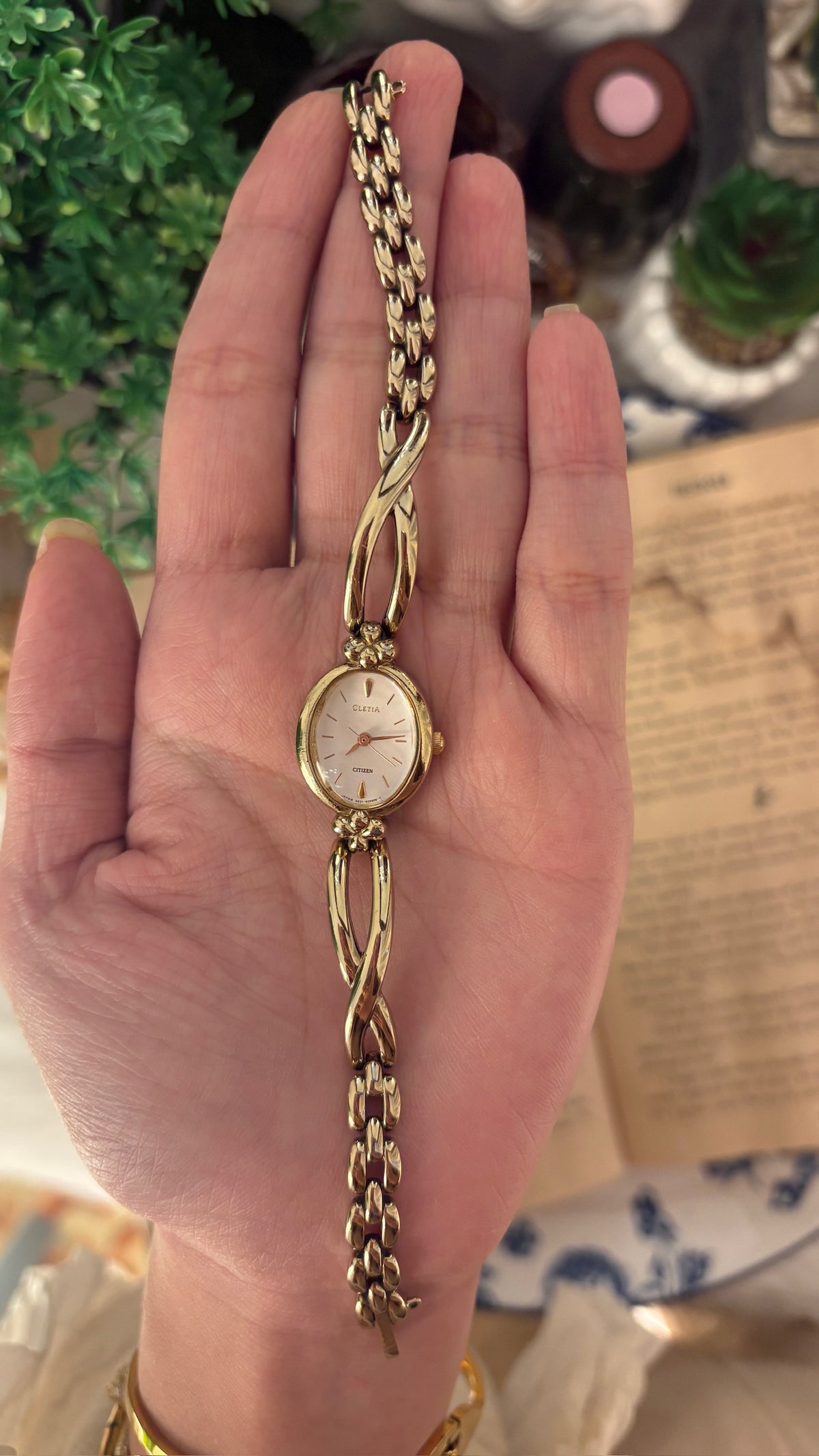 Extremely Rare Dainty Vintage Cletia Citizen Flower Accent Twisted Semi-Bangle Watch in Gold Tone Quartz