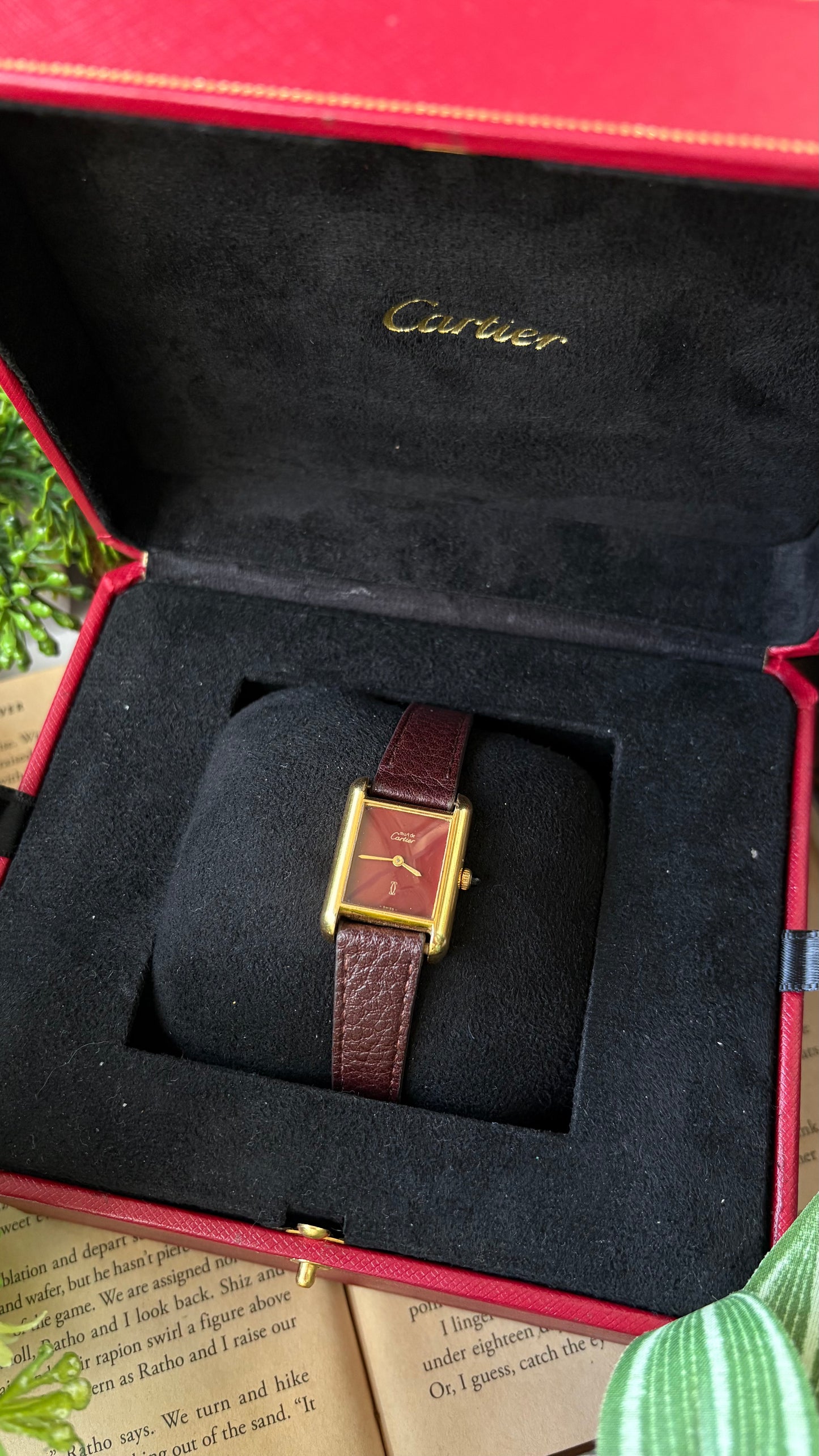 Extremely Rare Vintage 1980s Must De Tank Cartier Vermeil Manual Winding Watch in Burgundy Leather Burgundy Red Dial Gold Tone Case