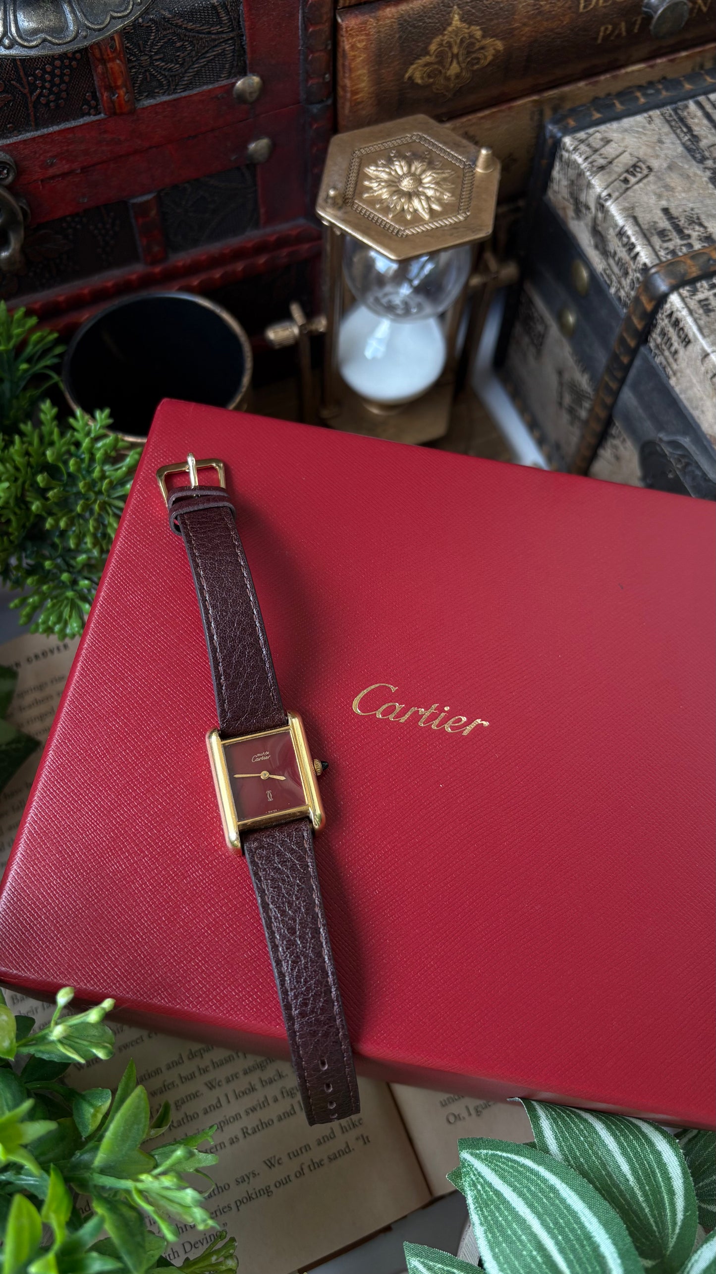 Extremely Rare Vintage 1980s Must De Tank Cartier Vermeil Manual Winding Watch in Burgundy Leather Burgundy Red Dial Gold Tone Case