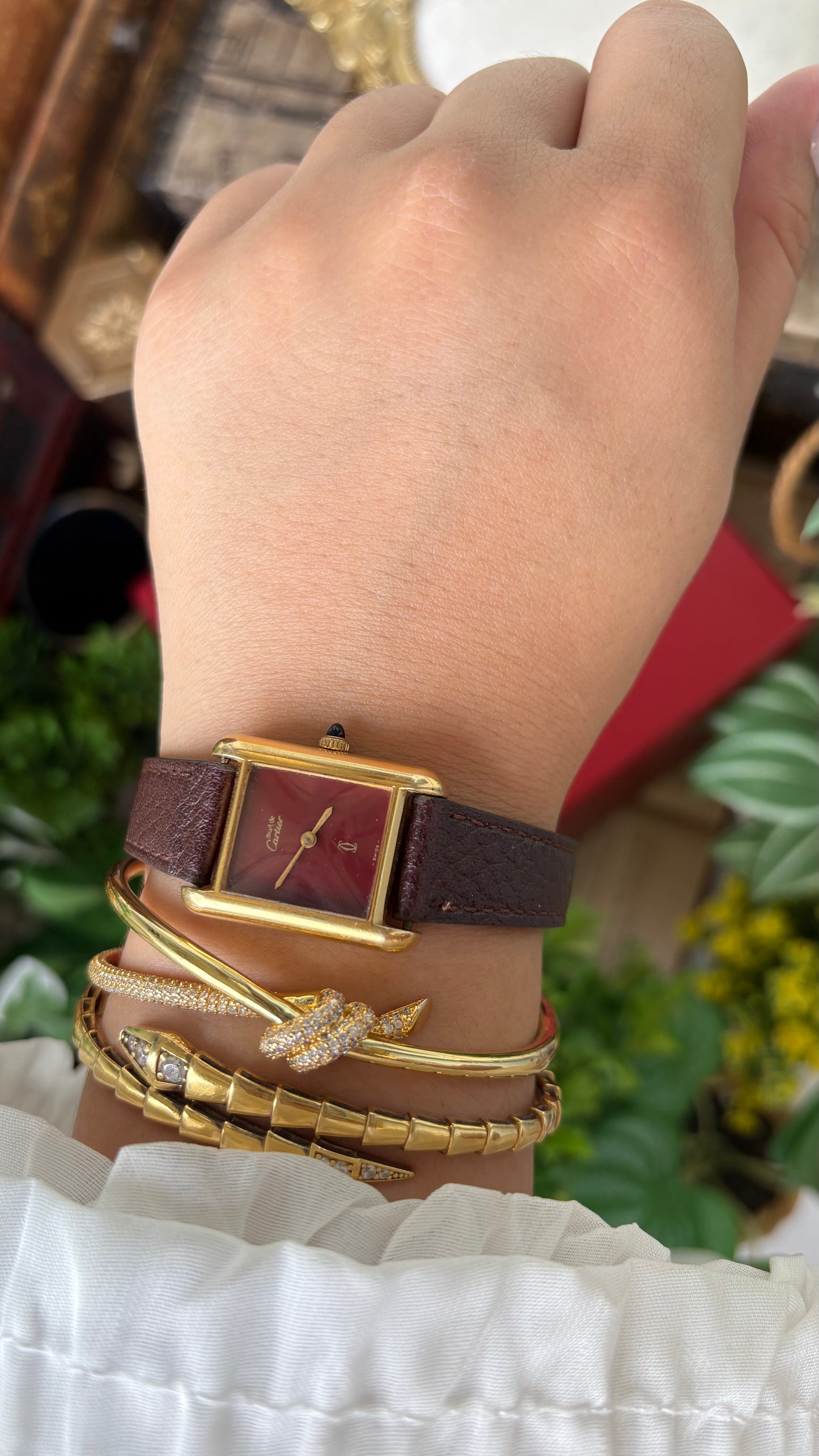 Extremely Rare Vintage 1980s Must De Tank Cartier Vermeil Manual Winding Watch in Burgundy Leather Burgundy Red Dial Gold Tone Case