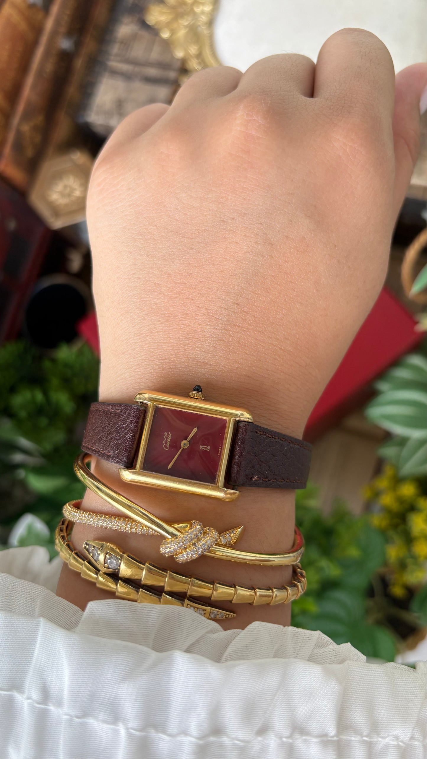 Extremely Rare Vintage 1980s Must De Tank Cartier Vermeil Manual Winding Watch in Burgundy Leather Burgundy Red Dial Gold Tone Case