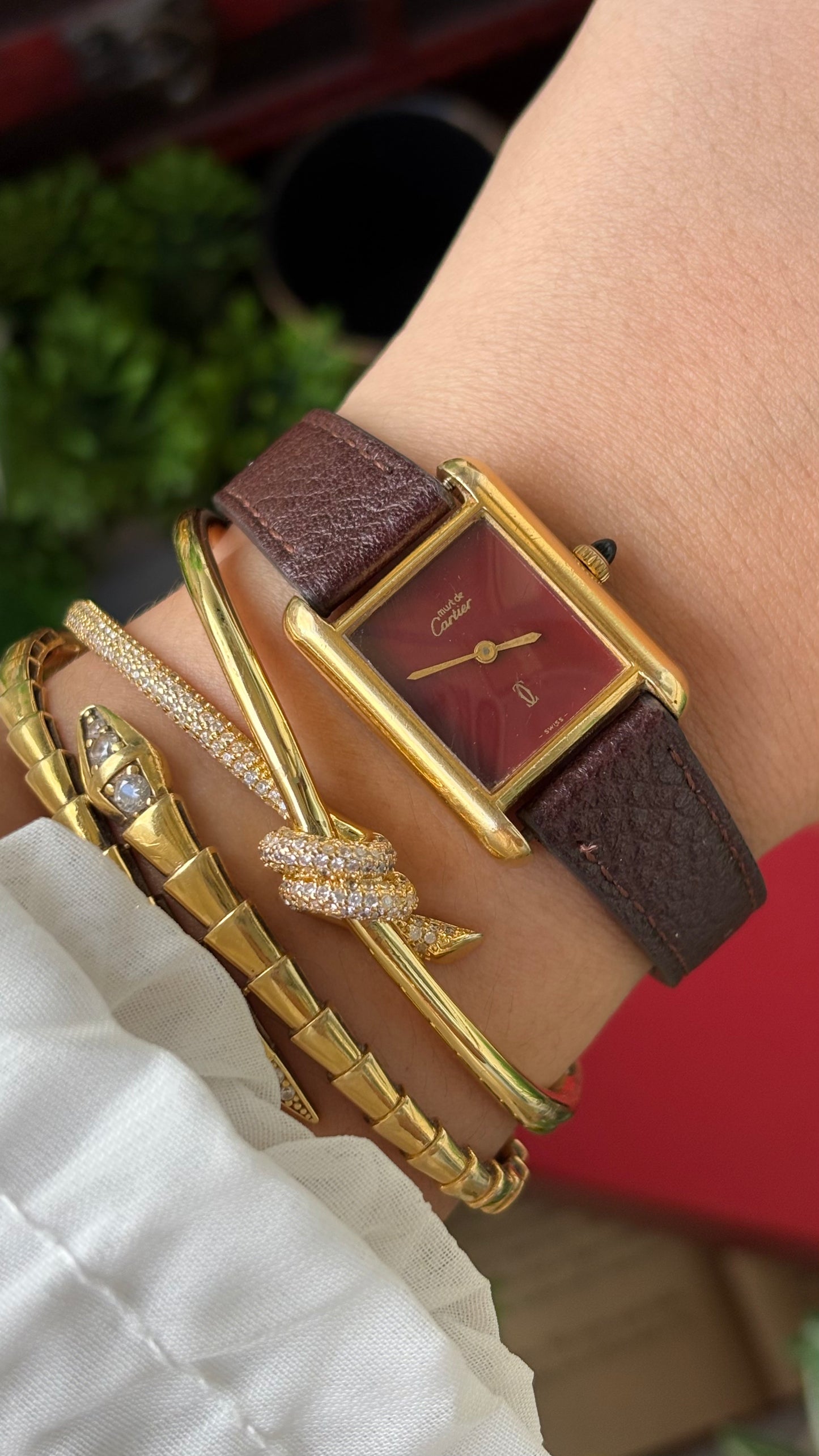 Extremely Rare Vintage 1980s Must De Tank Cartier Vermeil Manual Winding Watch in Burgundy Leather Burgundy Red Dial Gold Tone Case