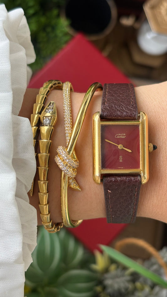 Extremely Rare Vintage 1980s Must De Tank Cartier Vermeil Manual Winding Watch in Burgundy Leather Burgundy Red Dial Gold Tone Case
