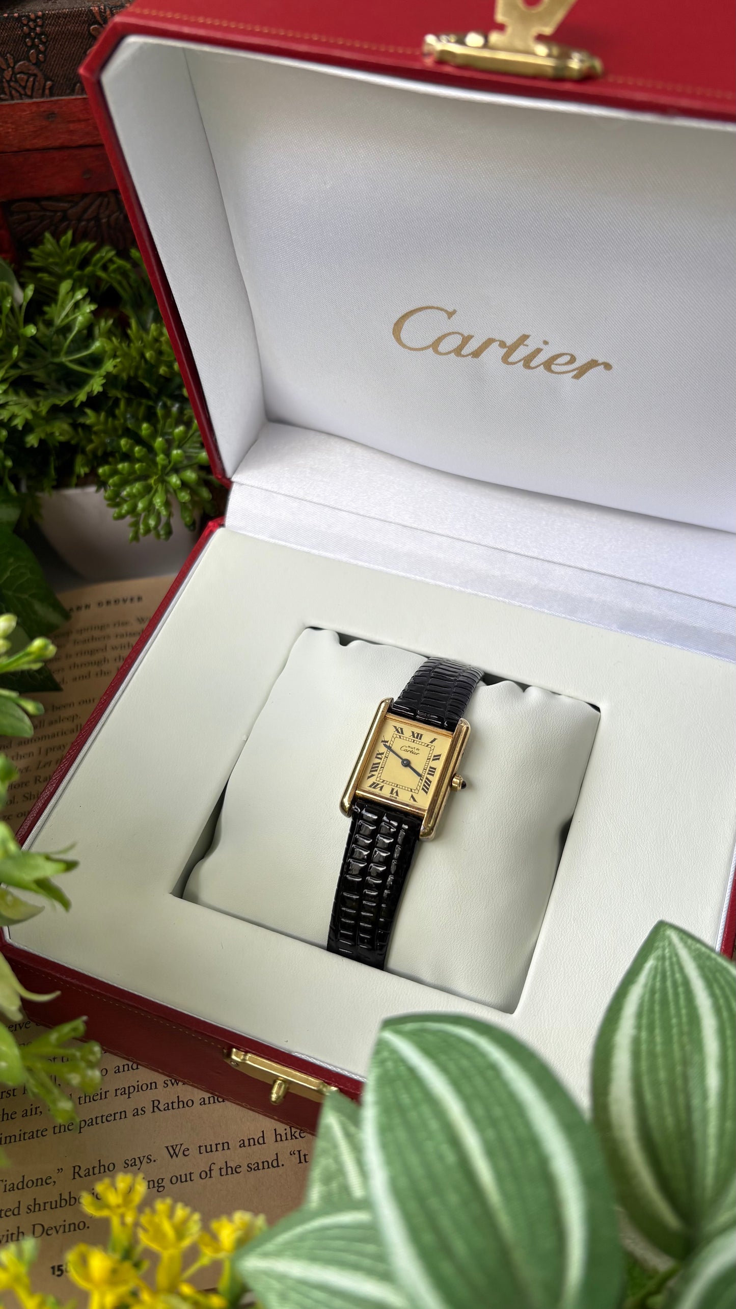 Extremely Rare Vintage 1990s Cartier Must De Tank Vermeil in Black Leather Gold Tone Lemon Cream Dial