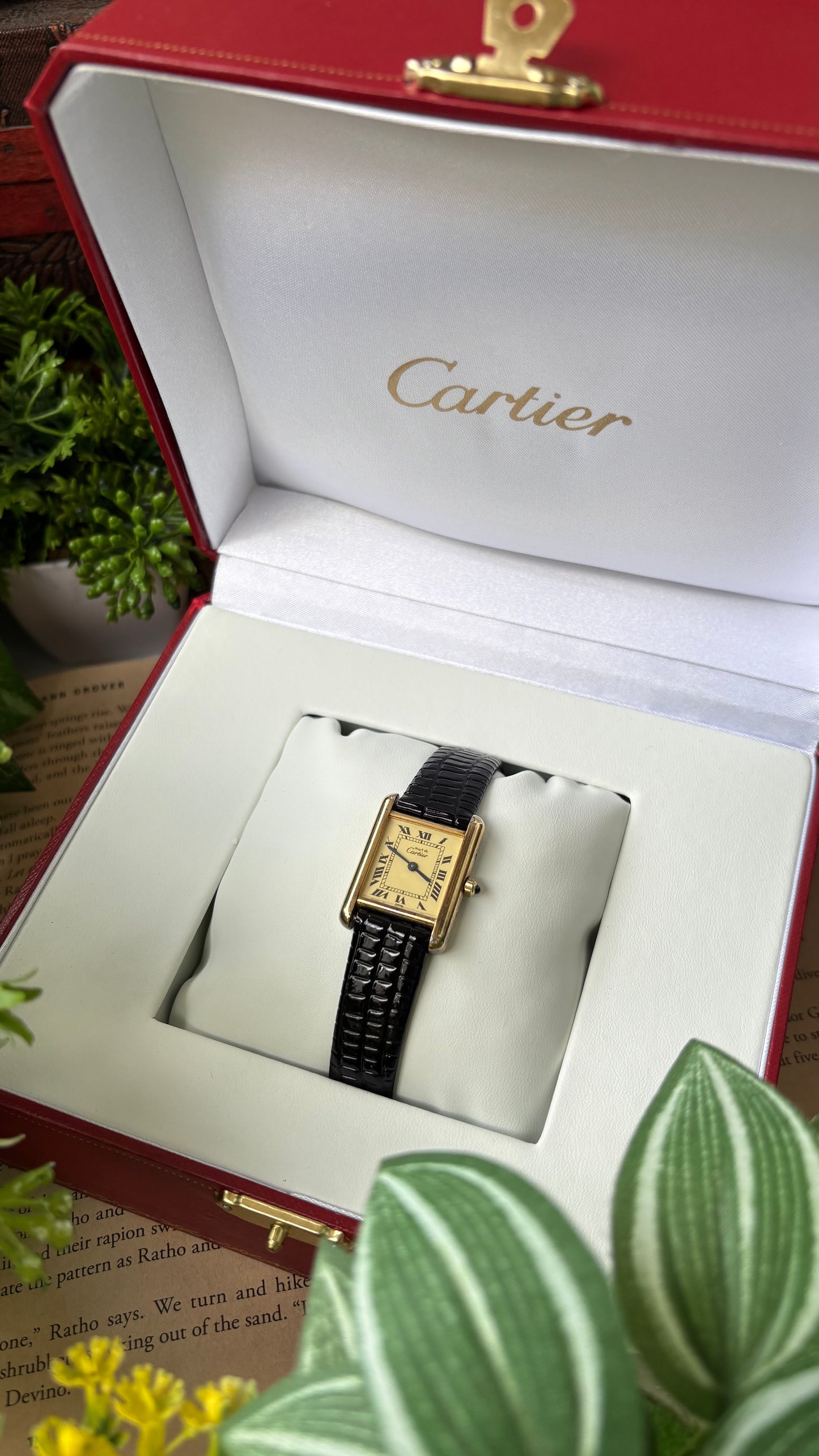 Extremely Rare Vintage 1990s Cartier Must De Tank Vermeil in Black Leather Gold Tone Lemon Cream Dial