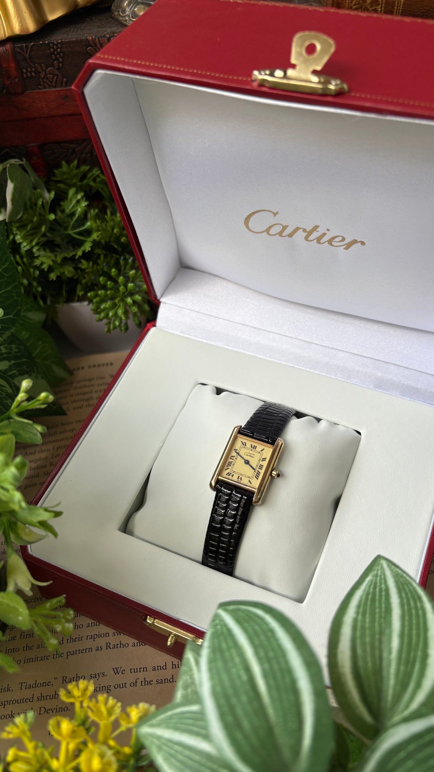 Extremely Rare Vintage 1990s Cartier Must De Tank Vermeil in Black Leather Gold Tone Lemon Cream Dial