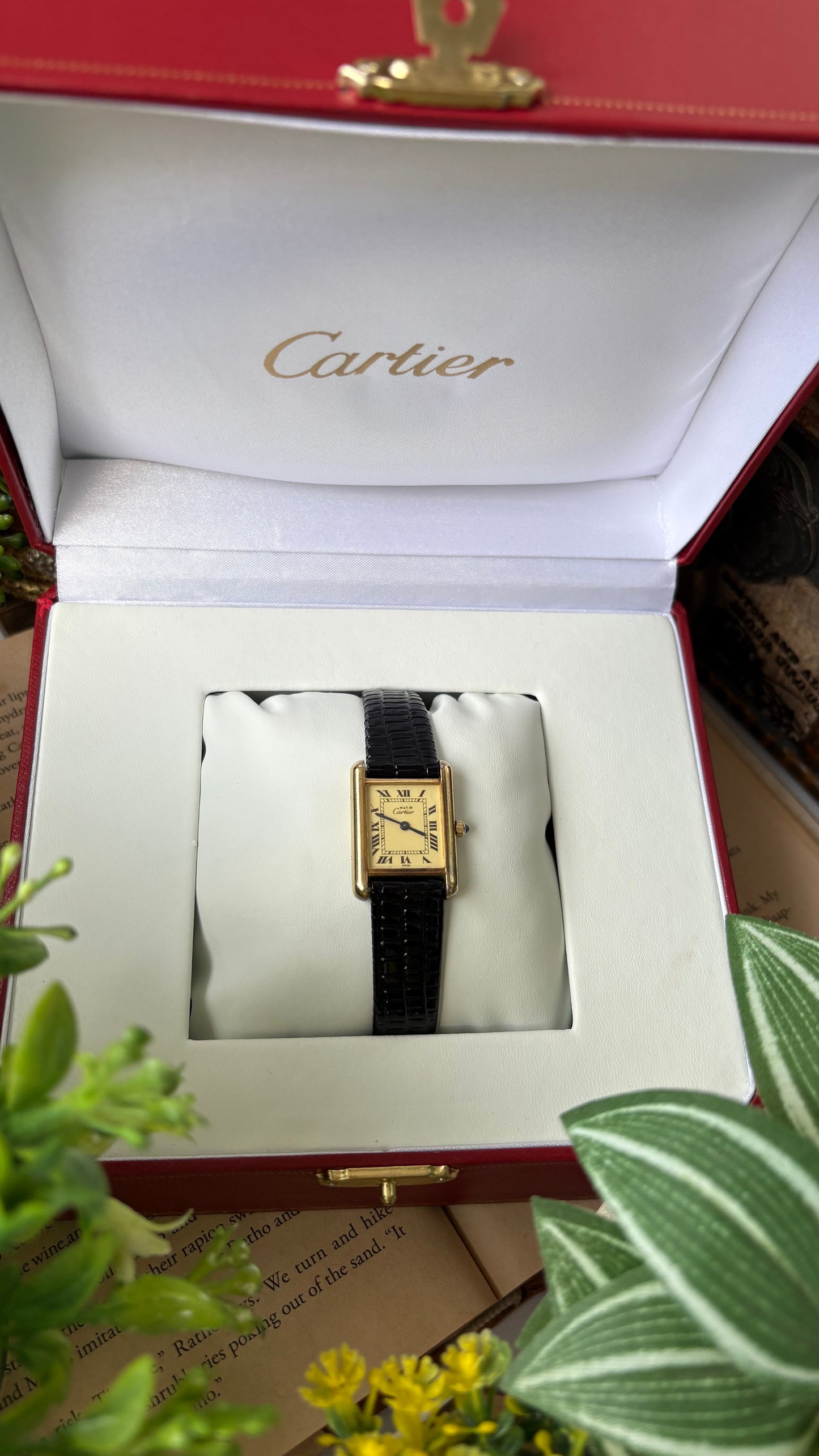 Extremely Rare Vintage 1990s Cartier Must De Tank Vermeil in Black Leather Gold Tone Lemon Cream Dial