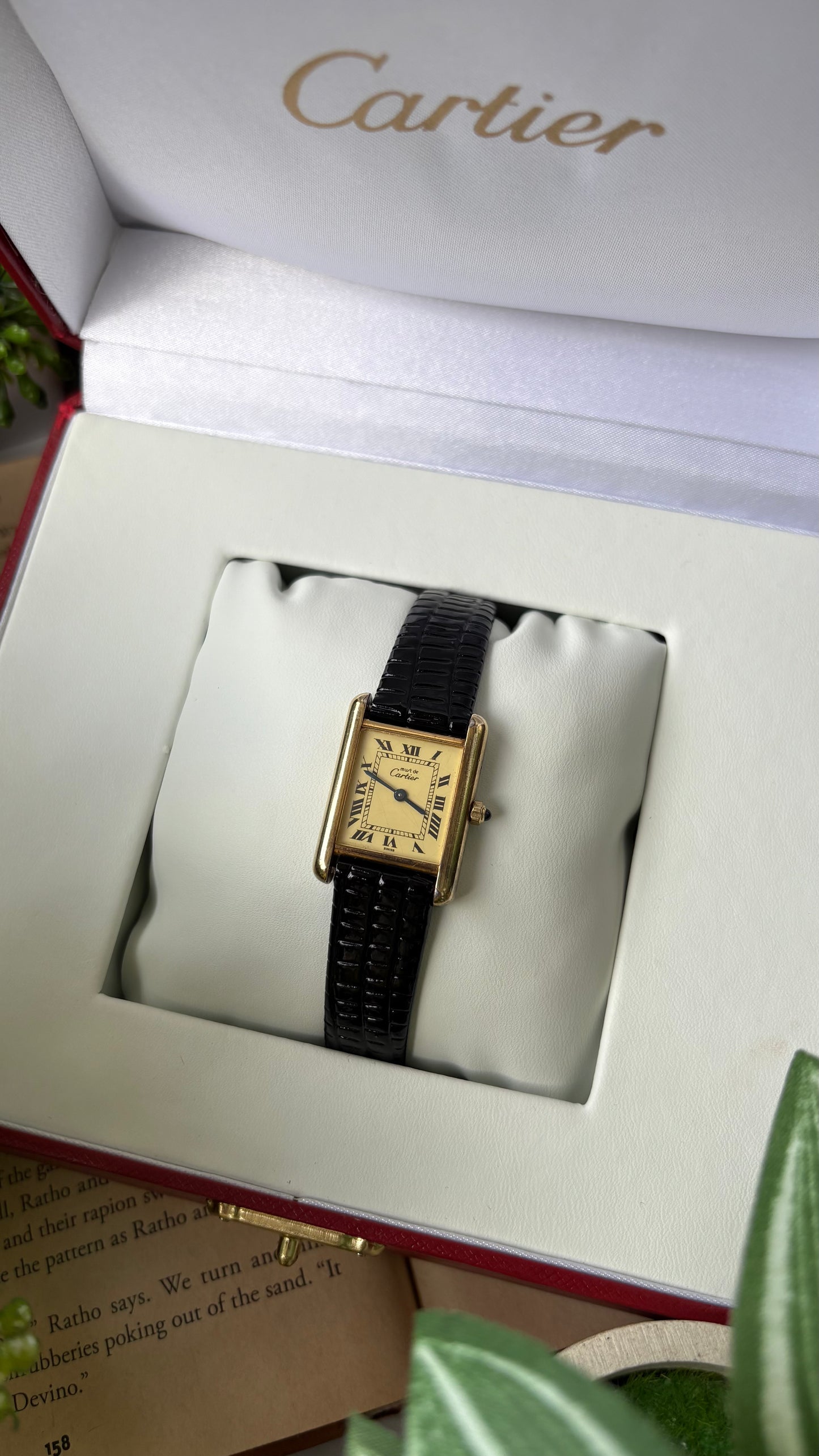 Extremely Rare Vintage 1990s Cartier Must De Tank Vermeil in Black Leather Gold Tone Lemon Cream Dial