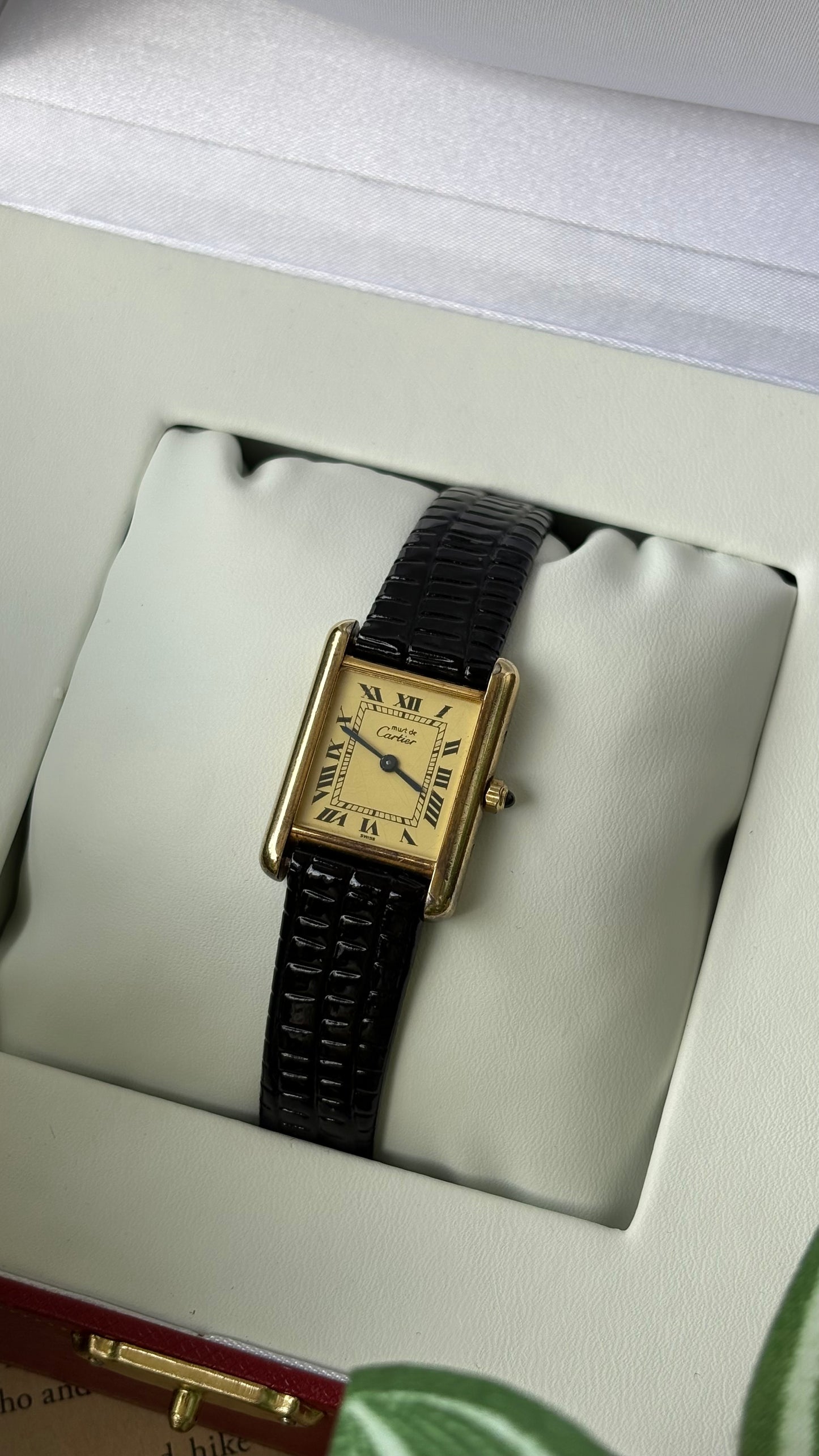 Extremely Rare Vintage 1990s Cartier Must De Tank Vermeil in Black Leather Gold Tone Lemon Cream Dial