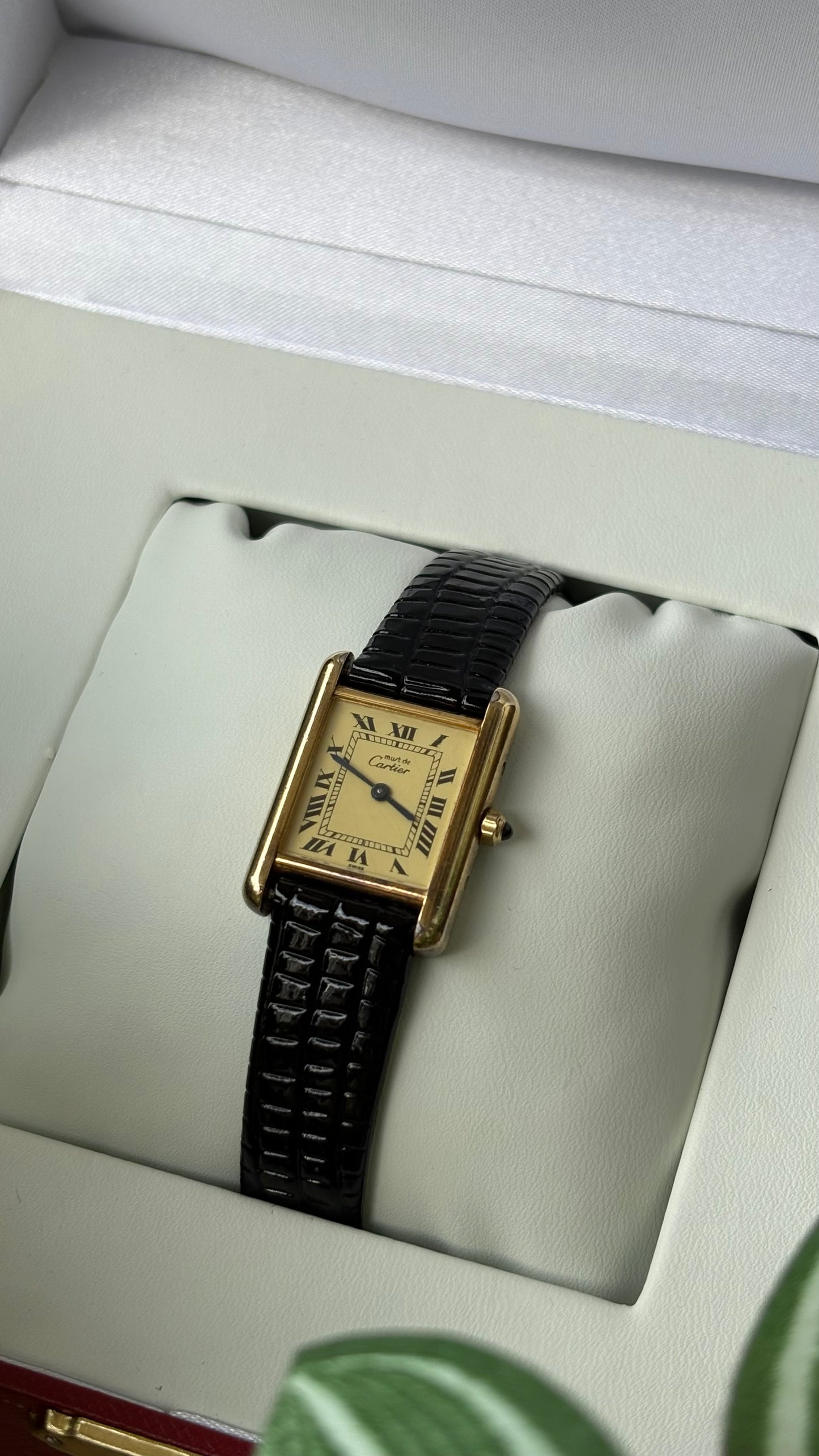 Extremely Rare Vintage 1990s Cartier Must De Tank Vermeil in Black Leather Gold Tone Lemon Cream Dial