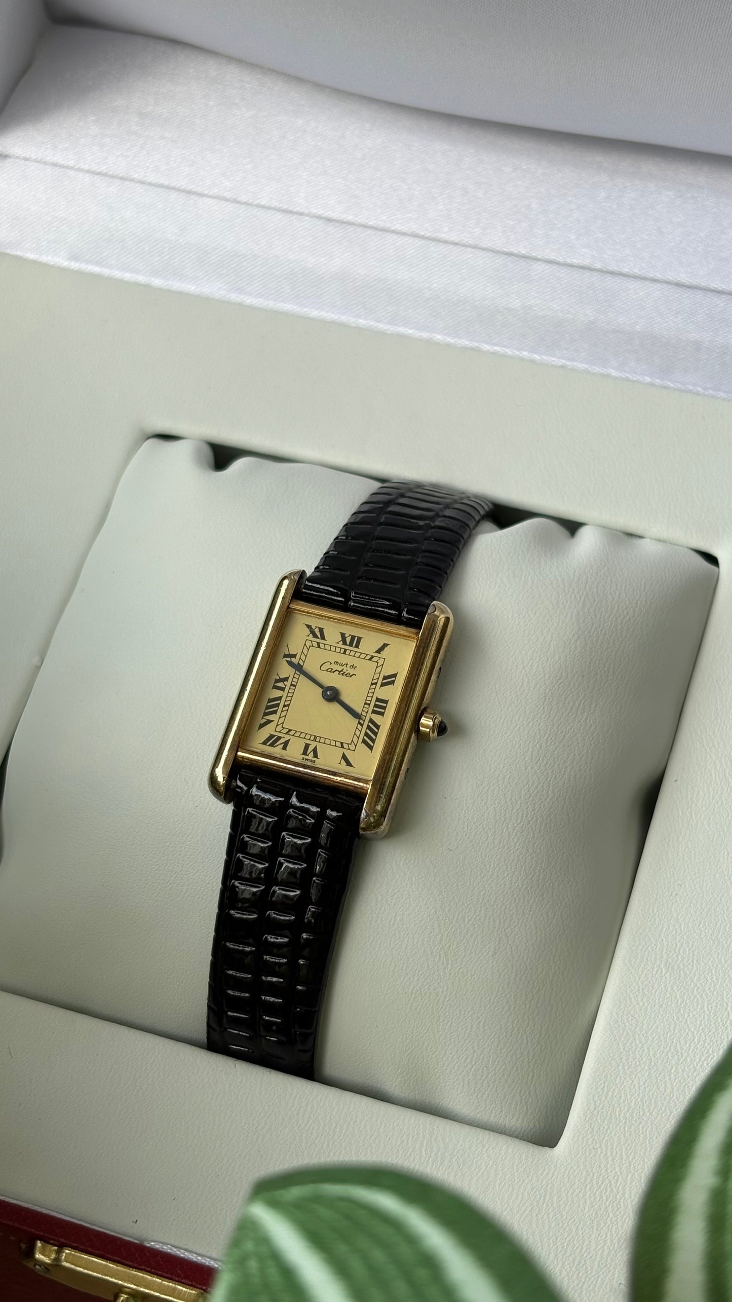 Extremely Rare Vintage 1990s Cartier Must De Tank Vermeil in Black Leather Gold Tone Lemon Cream Dial