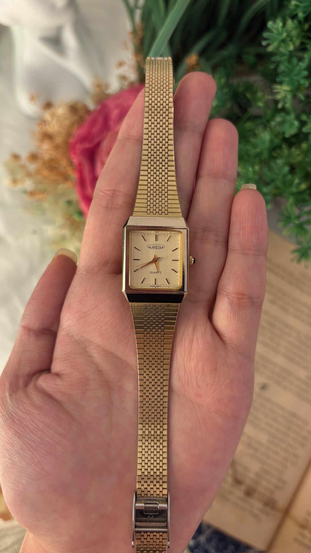 Vintage Aureole Swiss Tank Dress Watch in Gold Tone Quartz