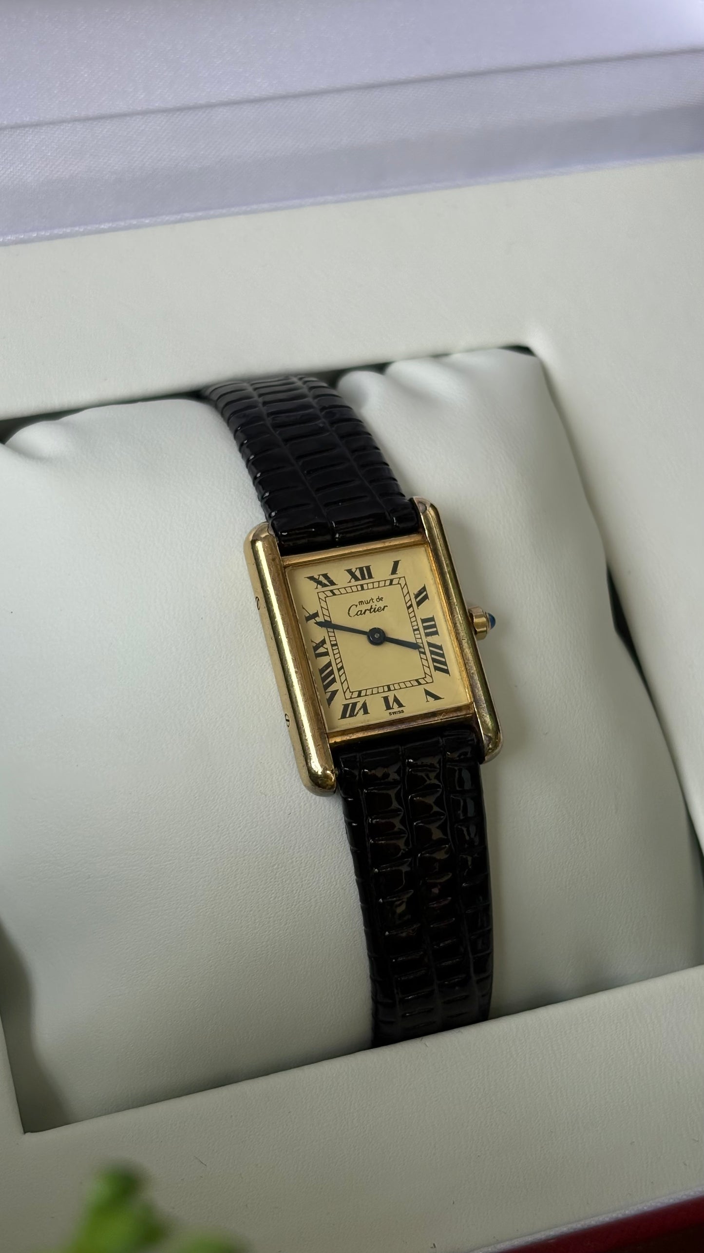Extremely Rare Vintage 1990s Cartier Must De Tank Vermeil in Black Leather Gold Tone Lemon Cream Dial