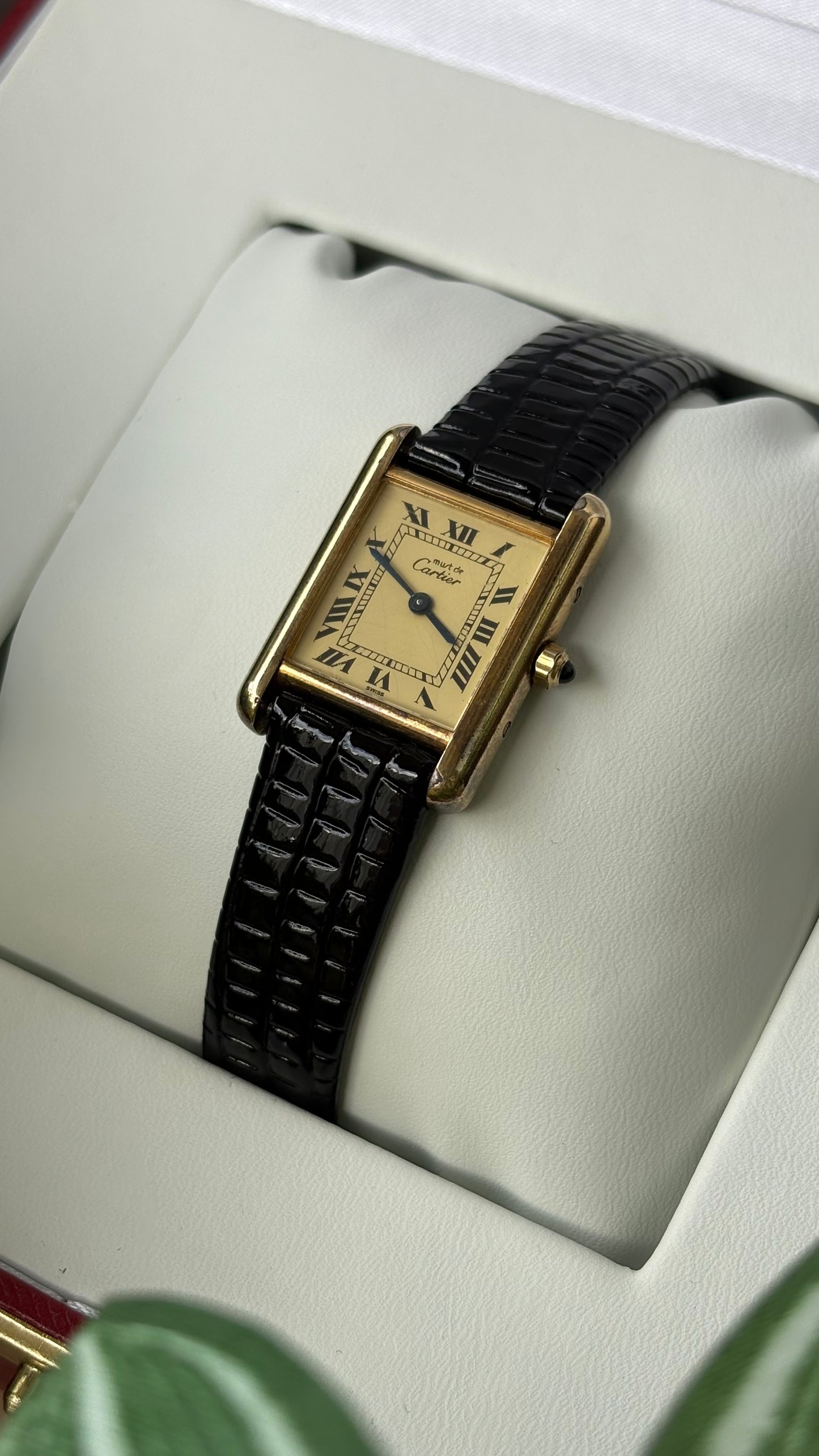 Extremely Rare Vintage 1990s Cartier Must De Tank Vermeil in Black Leather Gold Tone Lemon Cream Dial