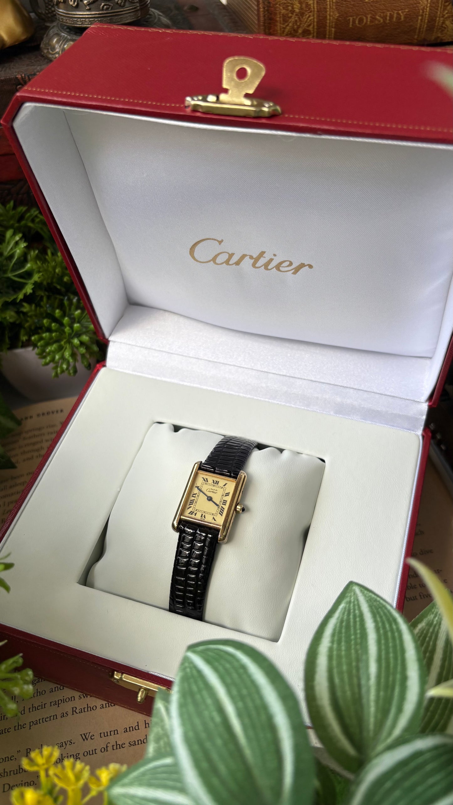 Extremely Rare Vintage 1990s Cartier Must De Tank Vermeil in Black Leather Gold Tone Lemon Cream Dial