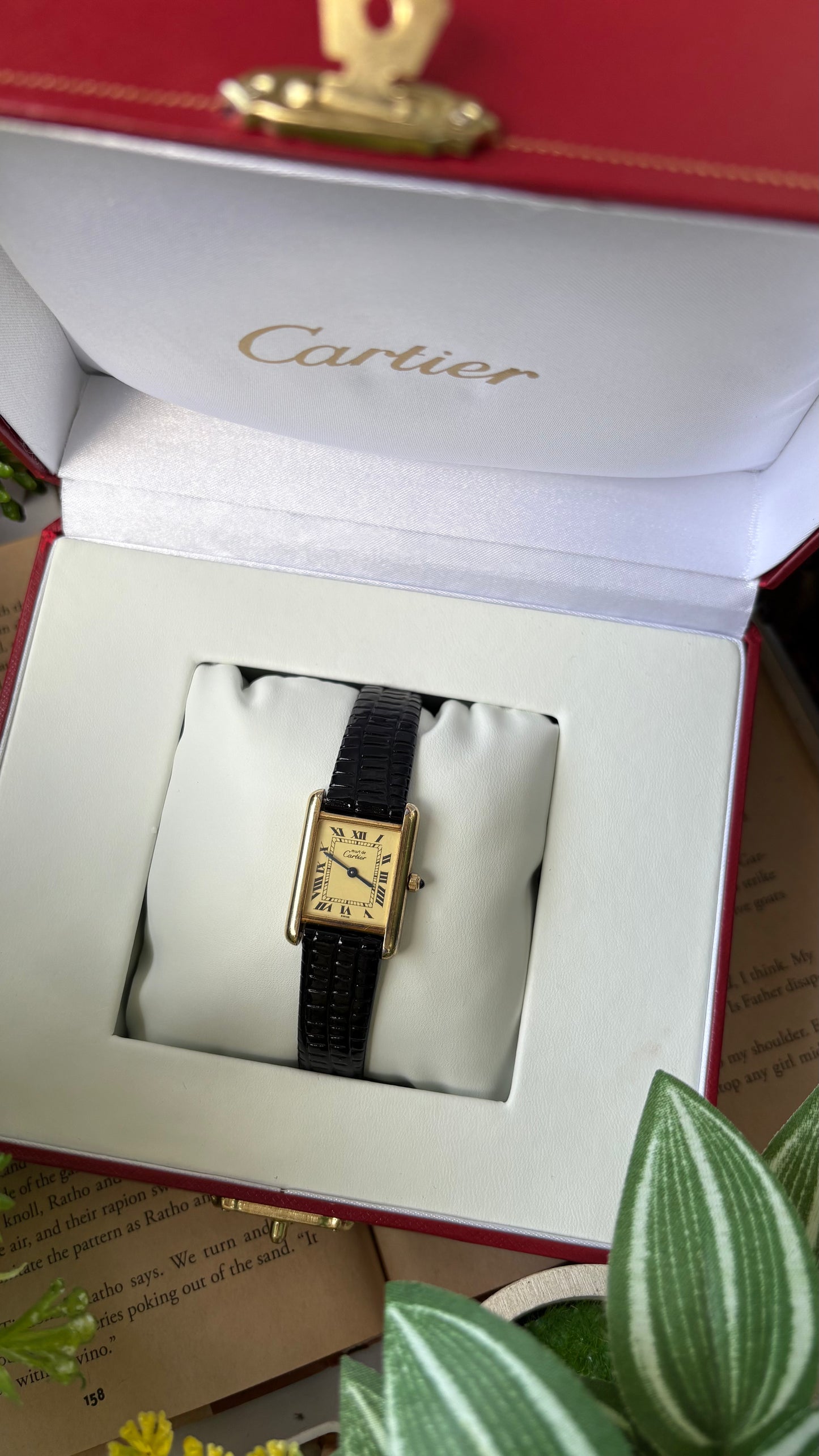 Extremely Rare Vintage 1990s Cartier Must De Tank Vermeil in Black Leather Gold Tone Lemon Cream Dial