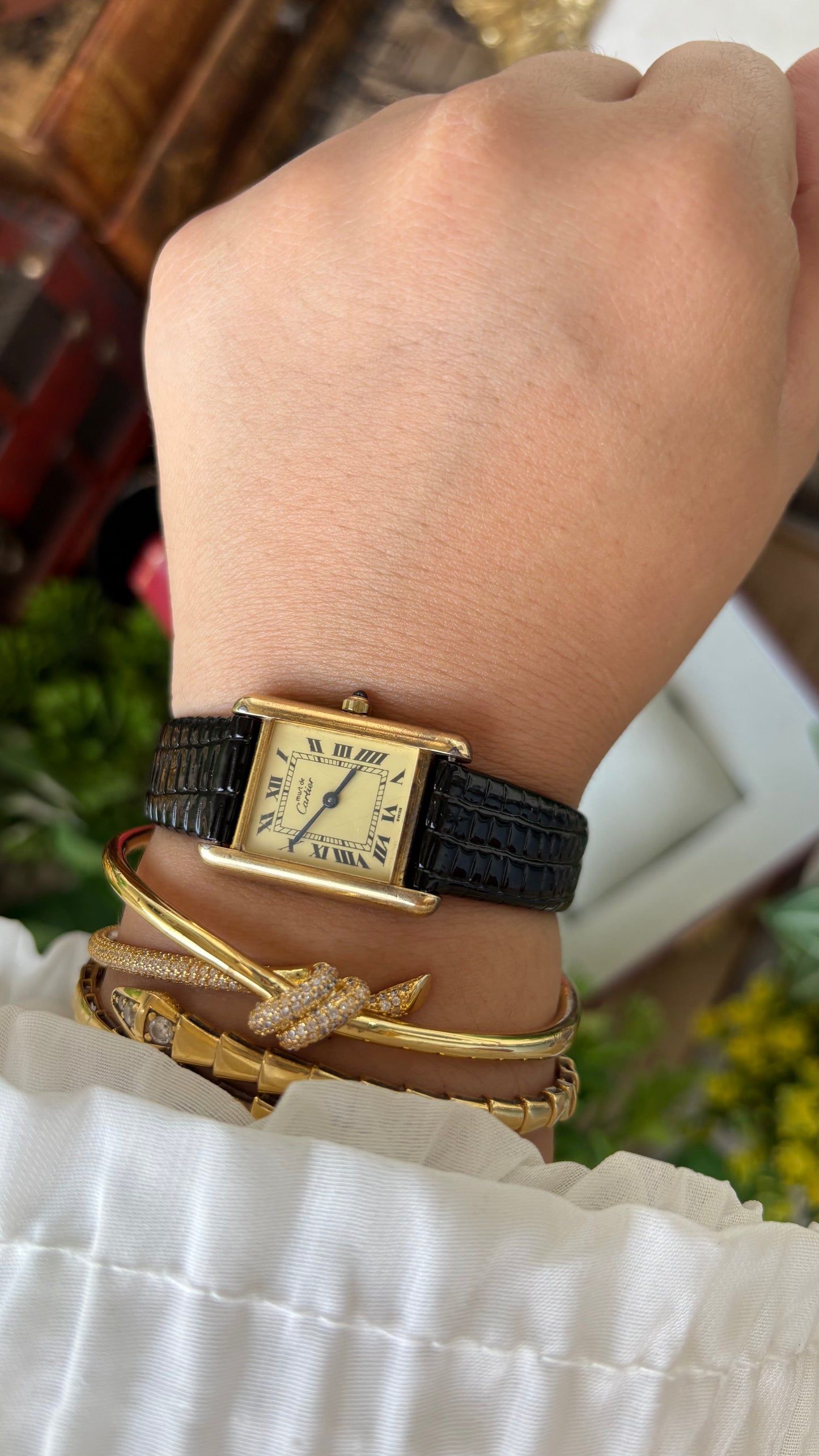 Extremely Rare Vintage 1990s Cartier Must De Tank Vermeil in Black Leather Gold Tone Lemon Cream Dial