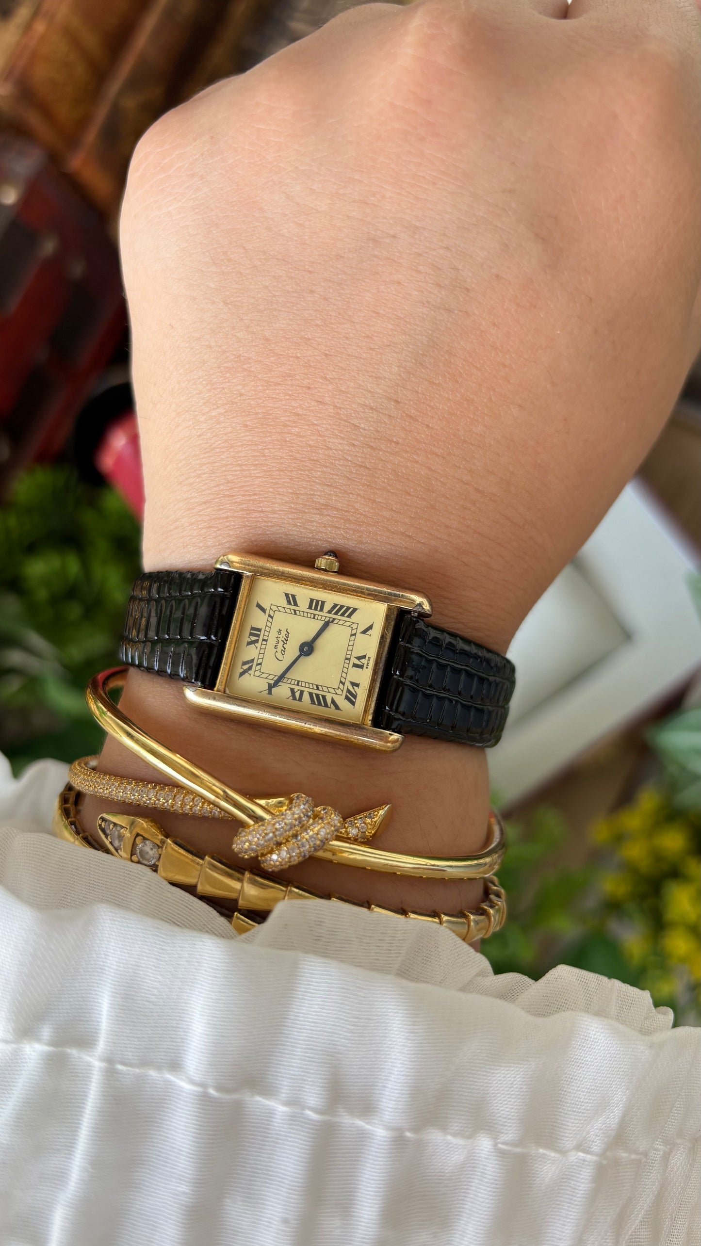 Extremely Rare Vintage 1990s Cartier Must De Tank Vermeil in Black Leather Gold Tone Lemon Cream Dial