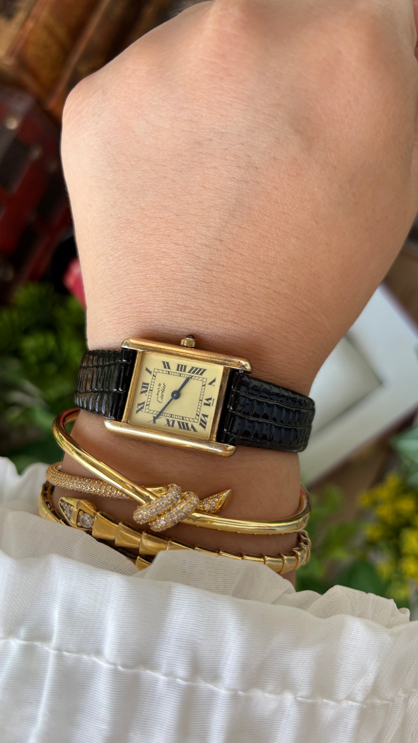 Extremely Rare Vintage 1990s Cartier Must De Tank Vermeil in Black Leather Gold Tone Lemon Cream Dial