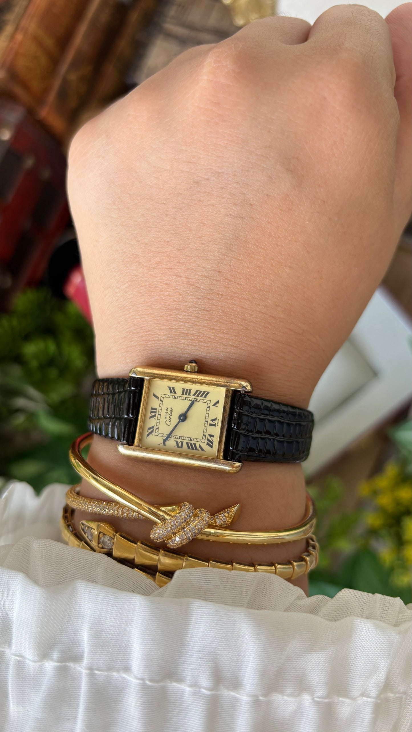 Extremely Rare Vintage 1990s Cartier Must De Tank Vermeil in Black Leather Gold Tone Lemon Cream Dial