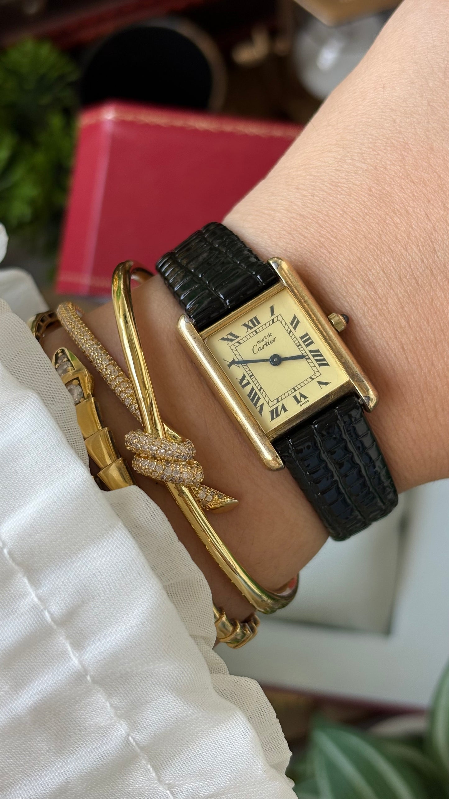 Extremely Rare Vintage 1990s Cartier Must De Tank Vermeil in Black Leather Gold Tone Lemon Cream Dial