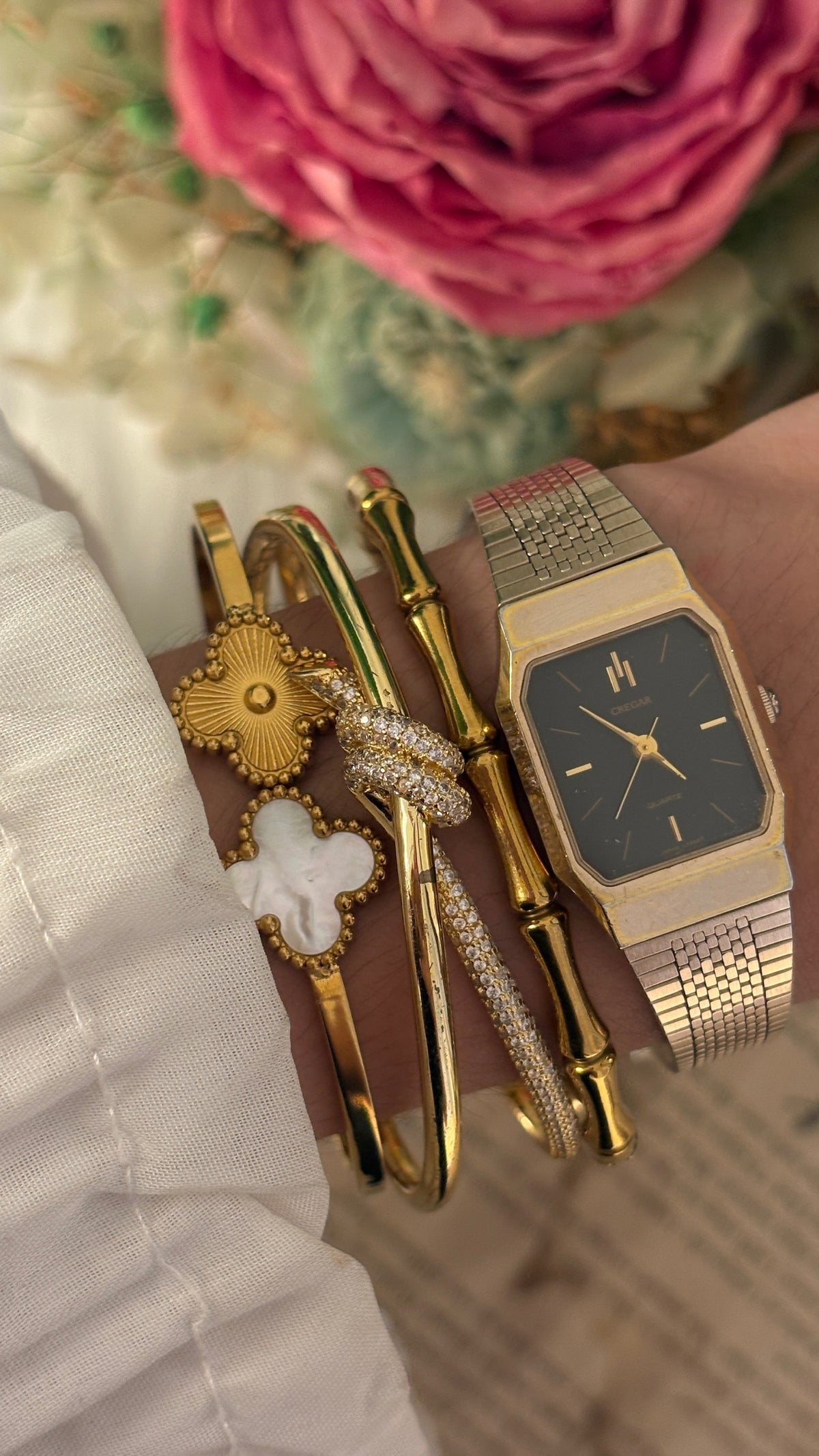 Vintage Cregar Black Dial Tank Dress Watch in Gold Tone Quartz