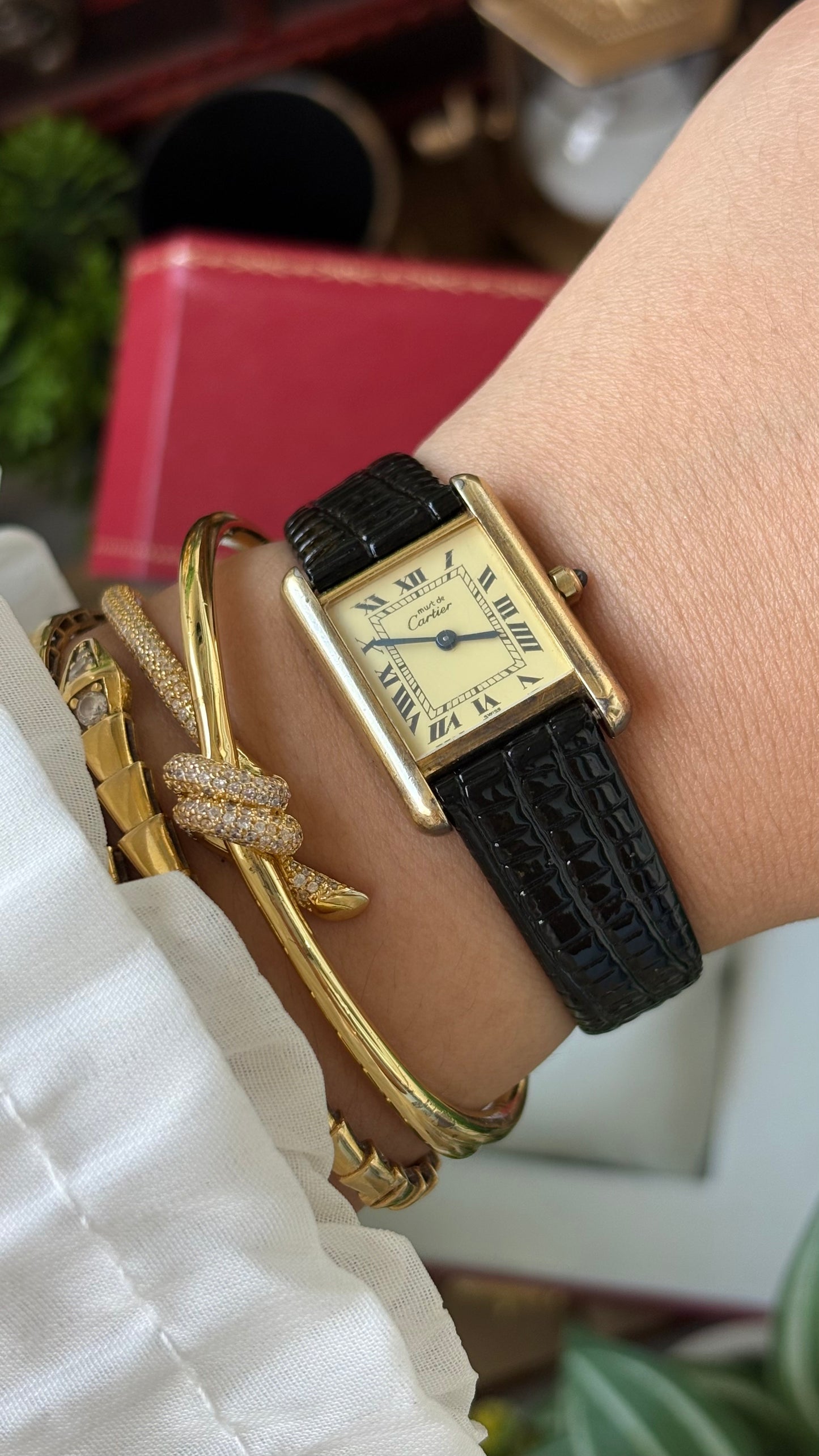 Extremely Rare Vintage 1990s Cartier Must De Tank Vermeil in Black Leather Gold Tone Lemon Cream Dial
