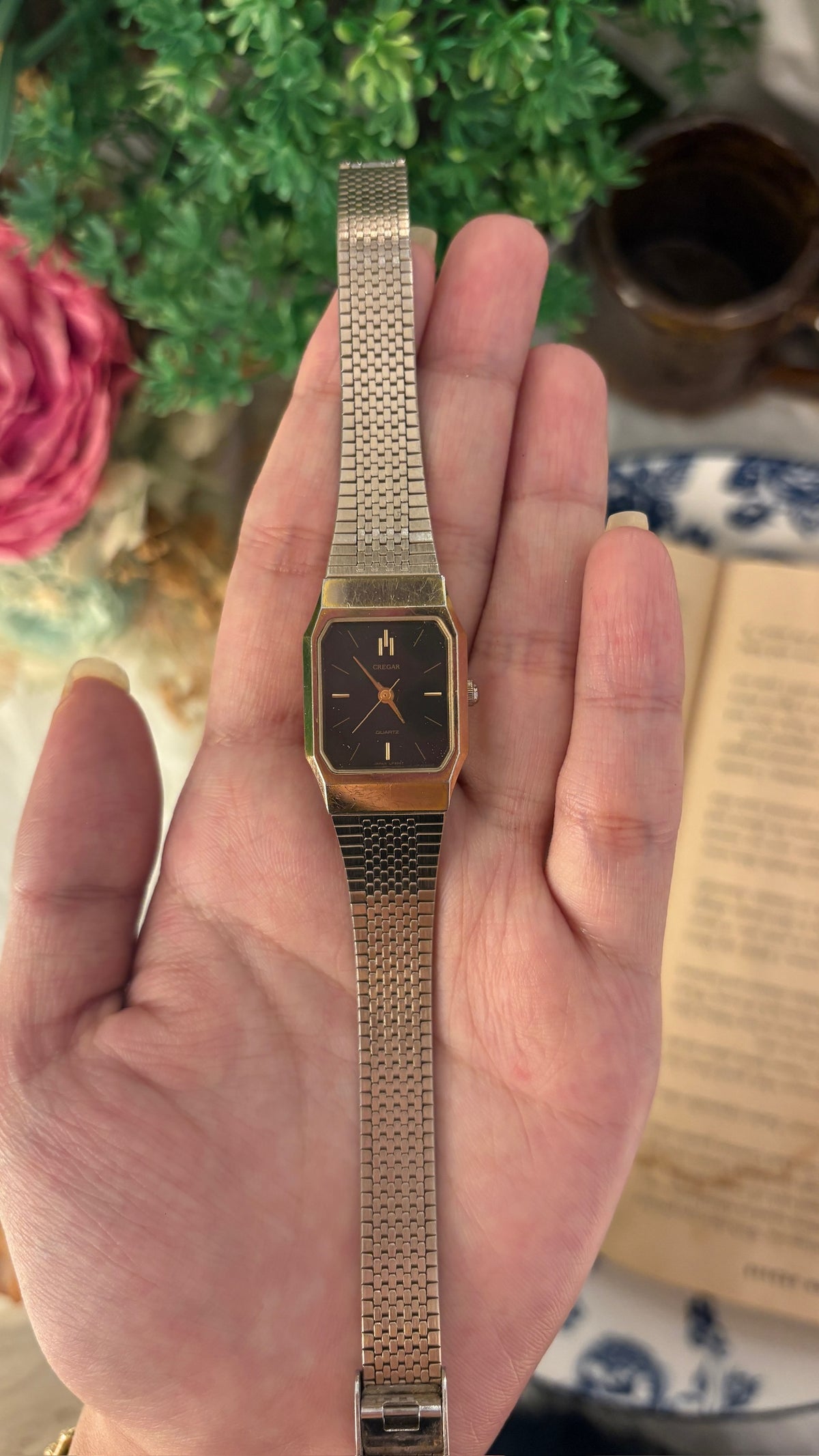 Vintage Cregar Black Dial Tank Dress Watch in Gold Tone Quartz