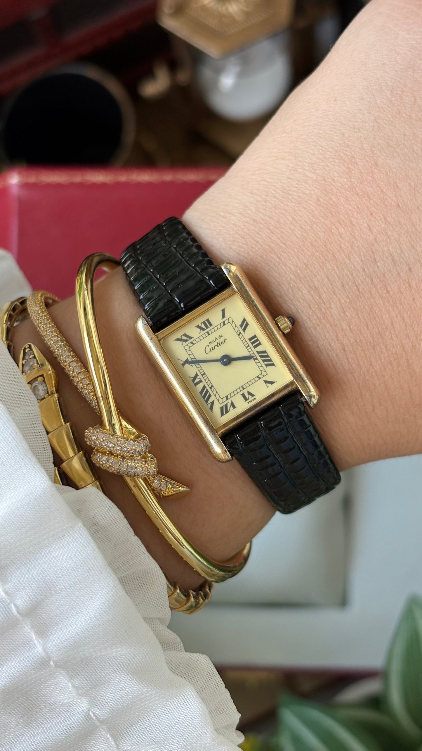 Extremely Rare Vintage 1990s Cartier Must De Tank Vermeil in Black Leather Gold Tone Lemon Cream Dial