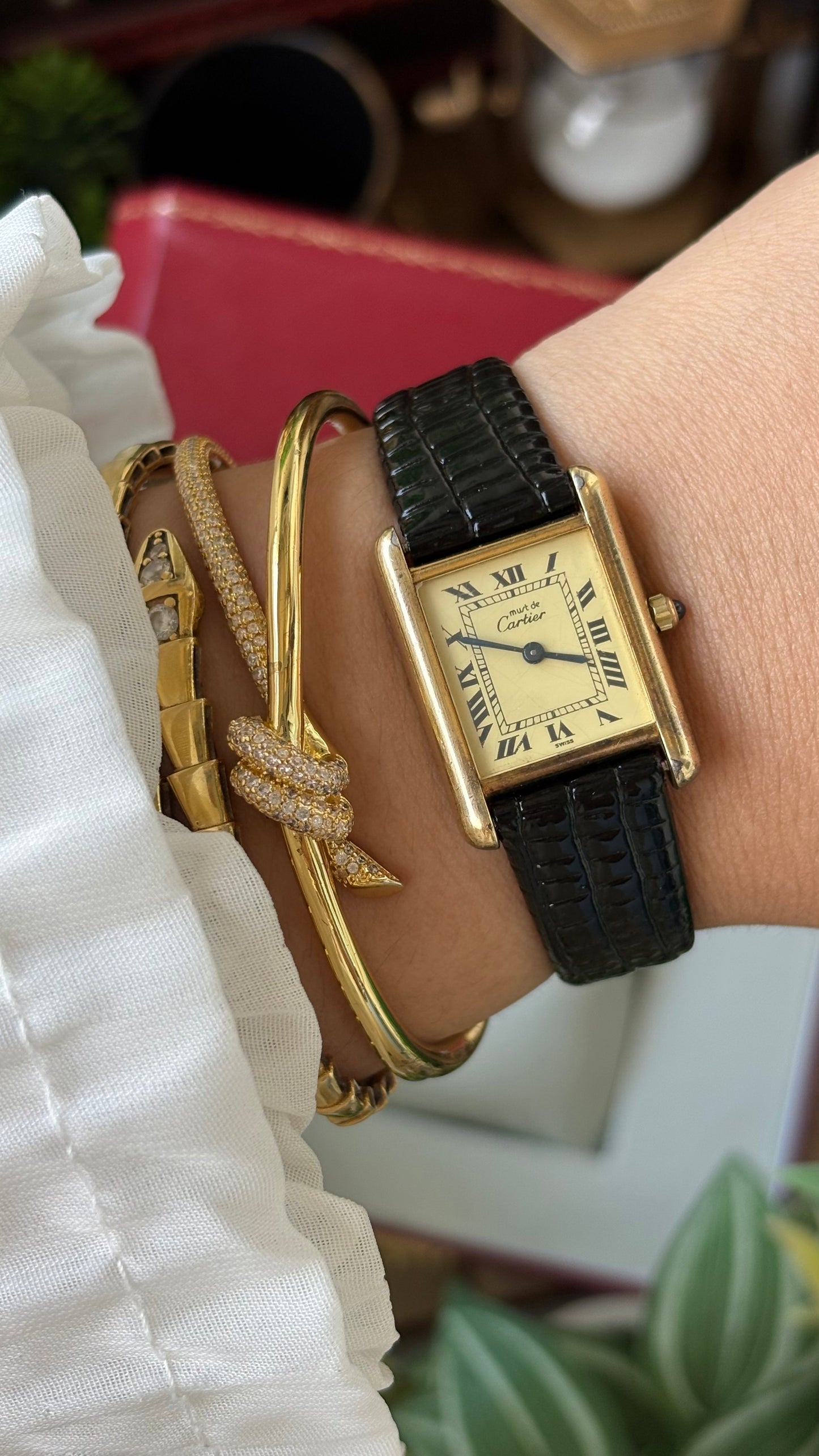 Extremely Rare Vintage 1990s Cartier Must De Tank Vermeil in Black Leather Gold Tone Lemon Cream Dial