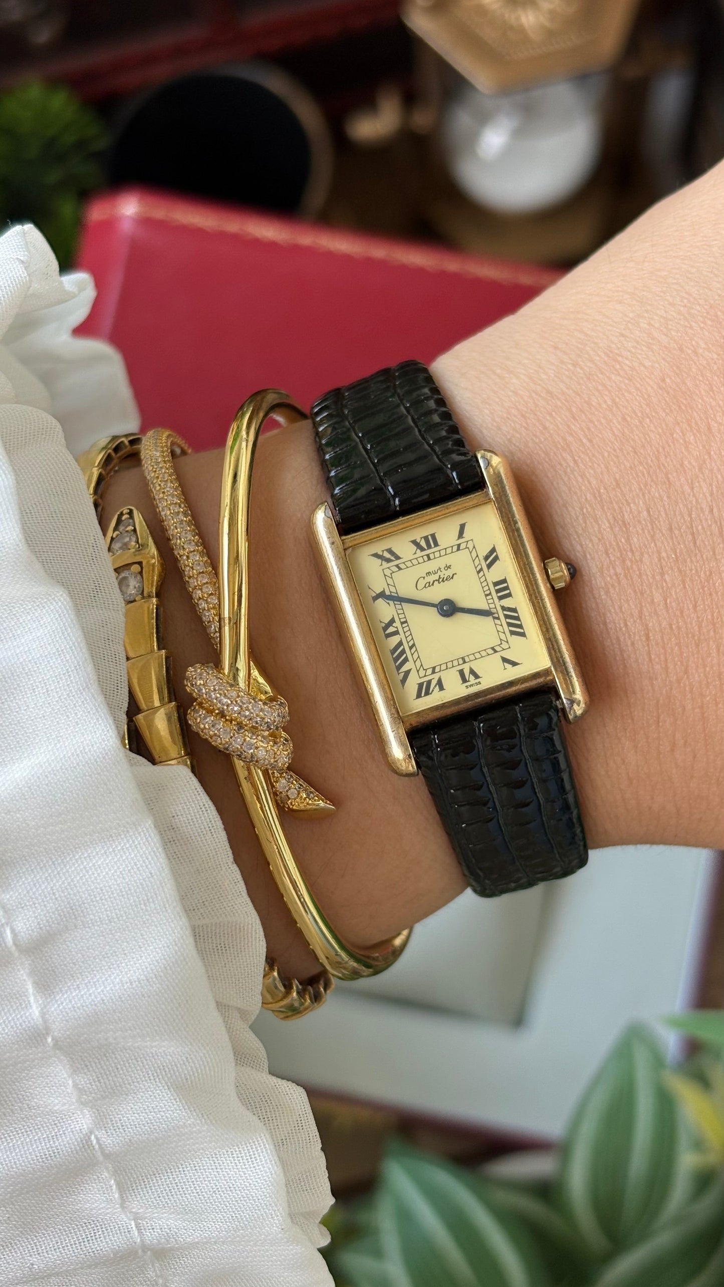 Extremely Rare Vintage 1990s Cartier Must De Tank Vermeil in Black Leather Gold Tone Lemon Cream Dial