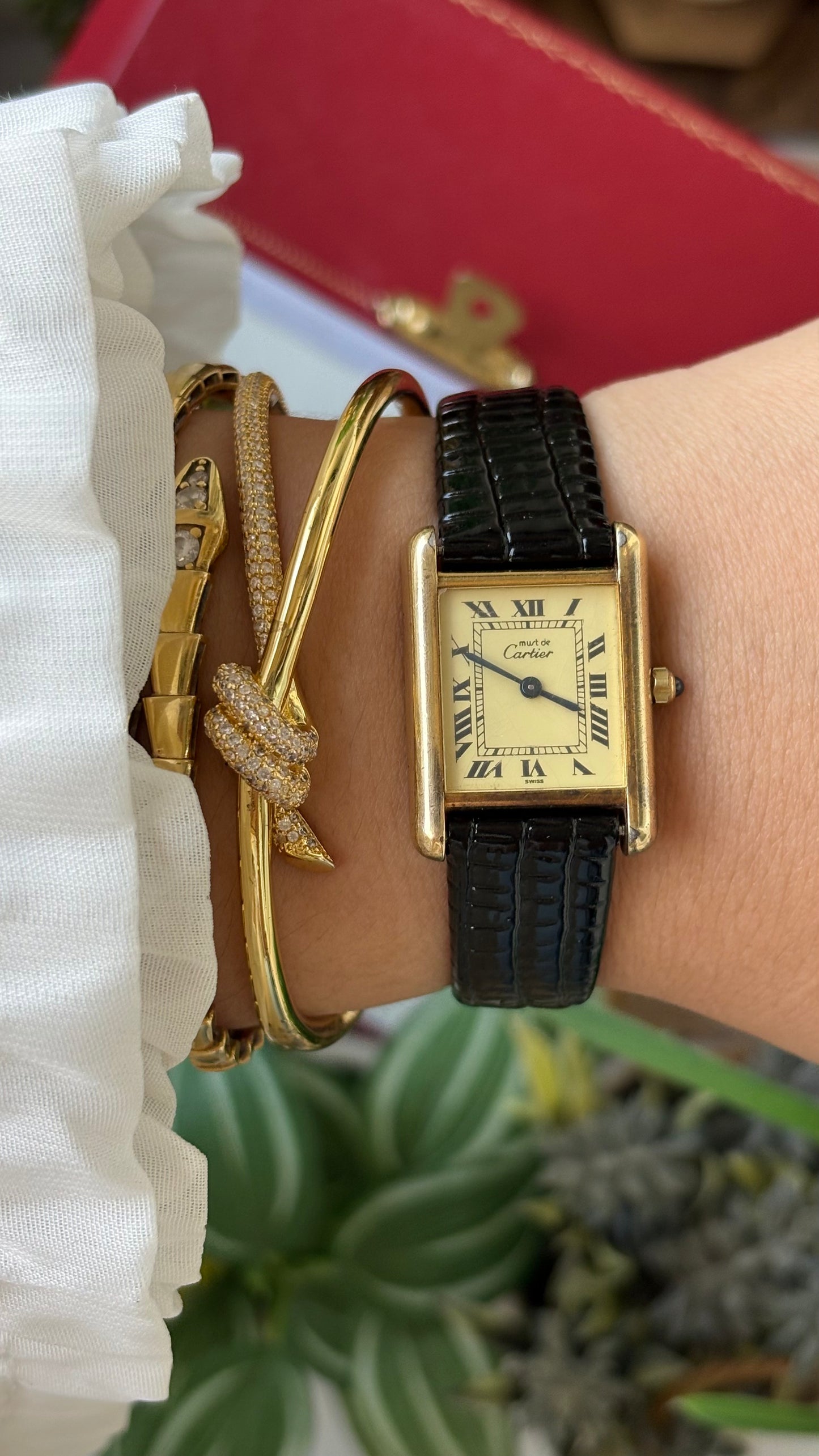 Extremely Rare Vintage 1990s Cartier Must De Tank Vermeil in Black Leather Gold Tone Lemon Cream Dial