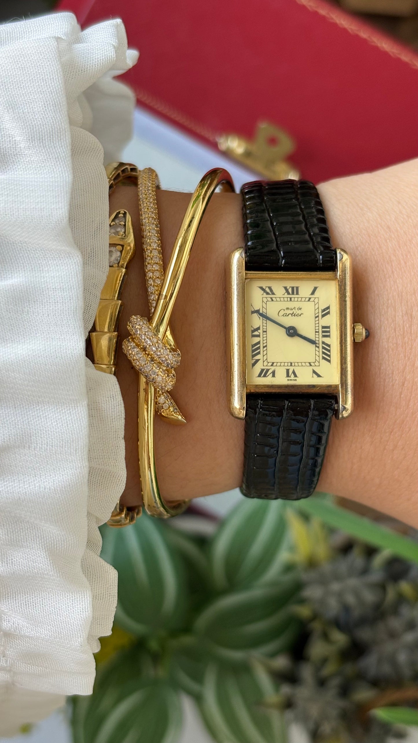 Extremely Rare Vintage 1990s Cartier Must De Tank Vermeil in Black Leather Gold Tone Lemon Cream Dial