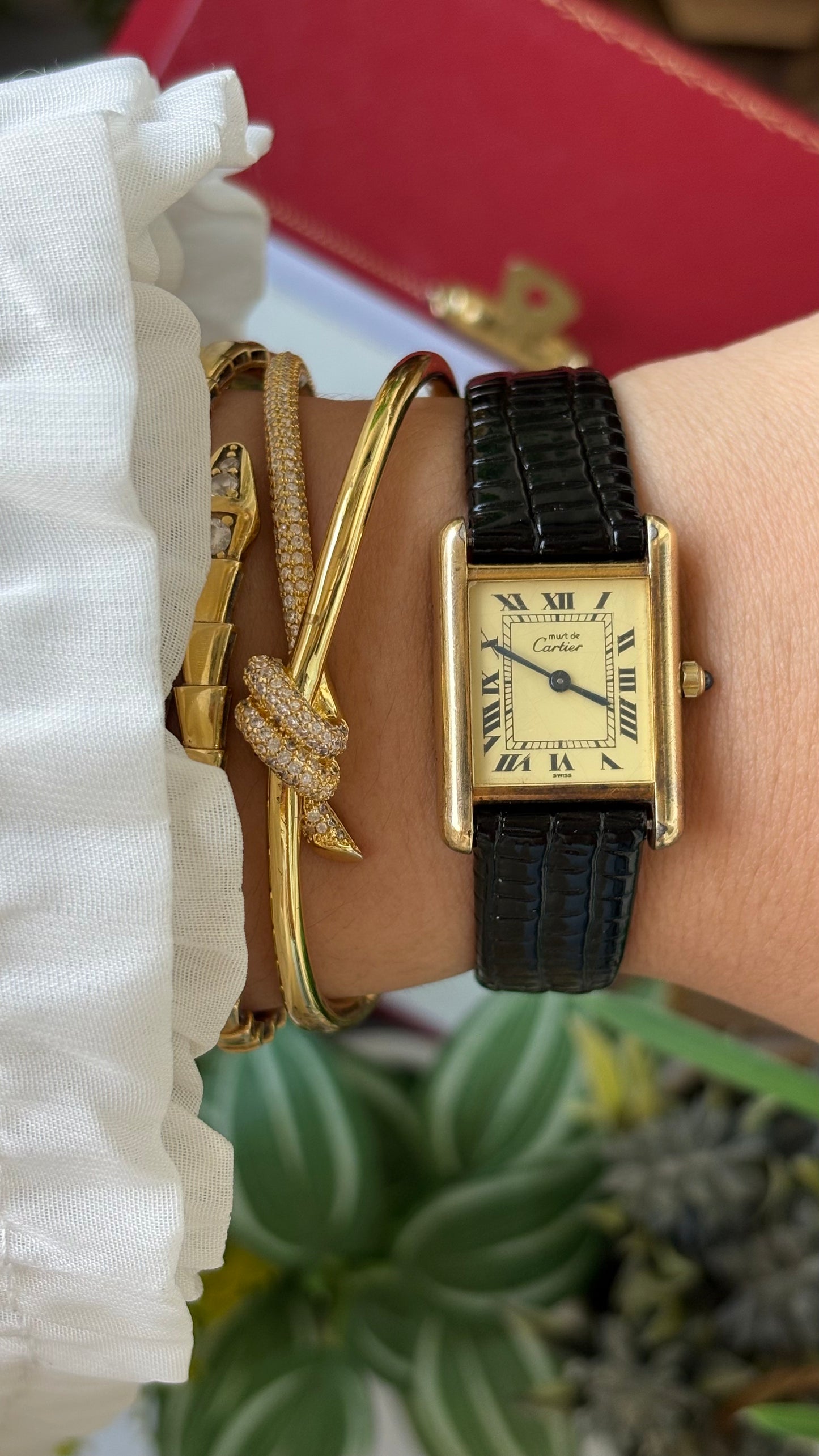 Extremely Rare Vintage 1990s Cartier Must De Tank Vermeil in Black Leather Gold Tone Lemon Cream Dial