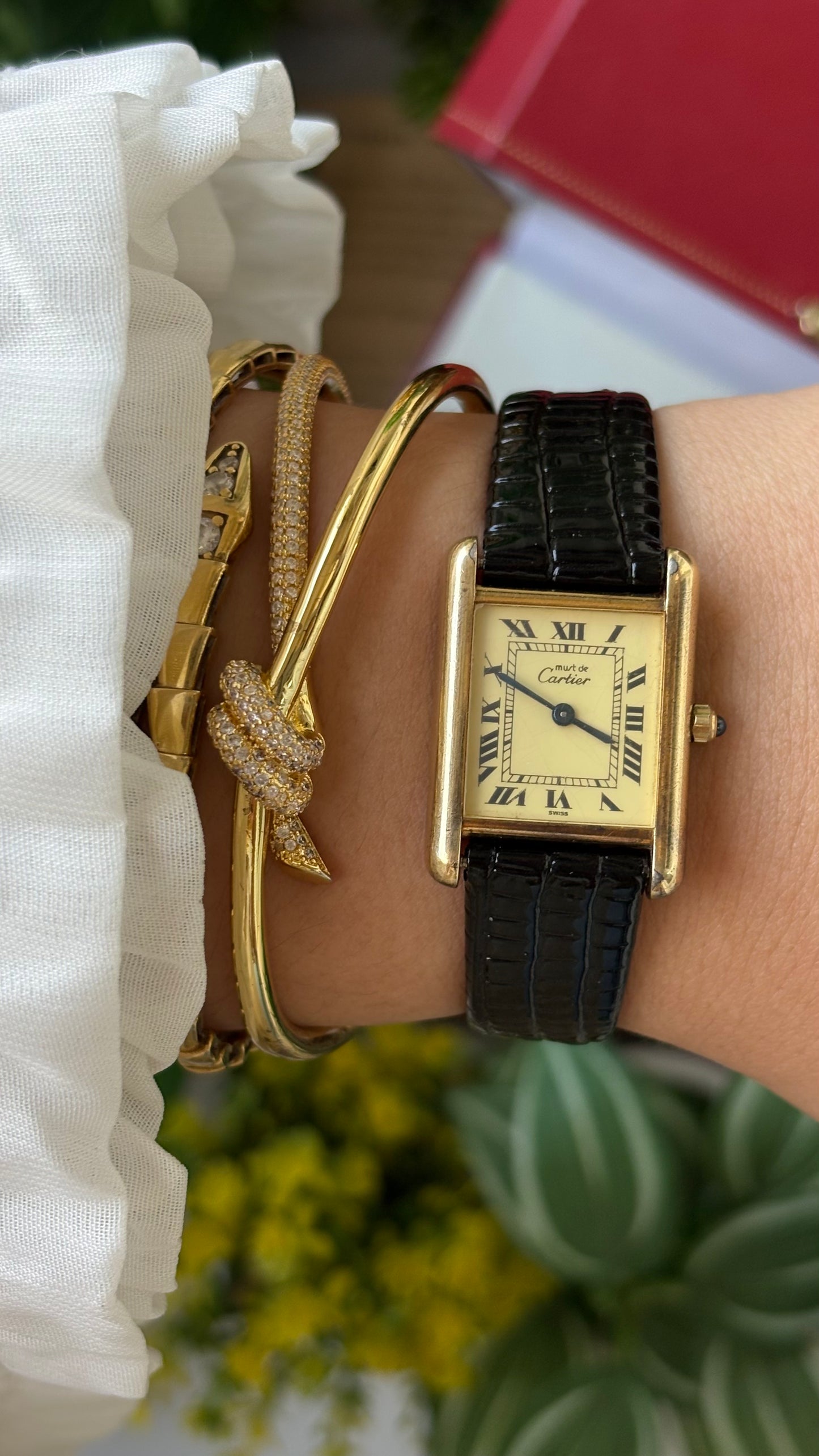 Extremely Rare Vintage 1990s Cartier Must De Tank Vermeil in Black Leather Gold Tone Lemon Cream Dial
